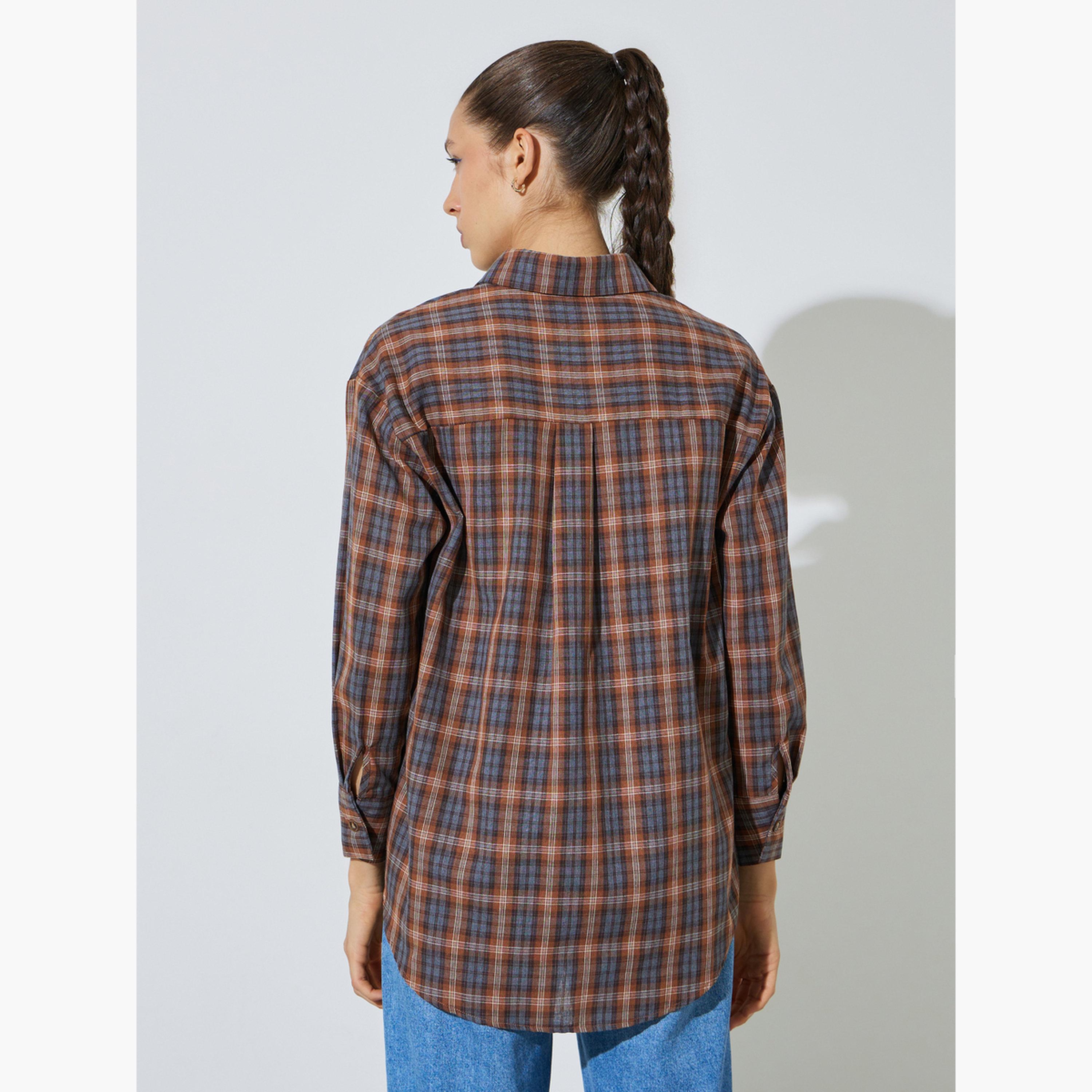 Styli Tan Longline Plaid Oversized Shirt-women-clothing-shirtsandblouses-shirts-image-5
