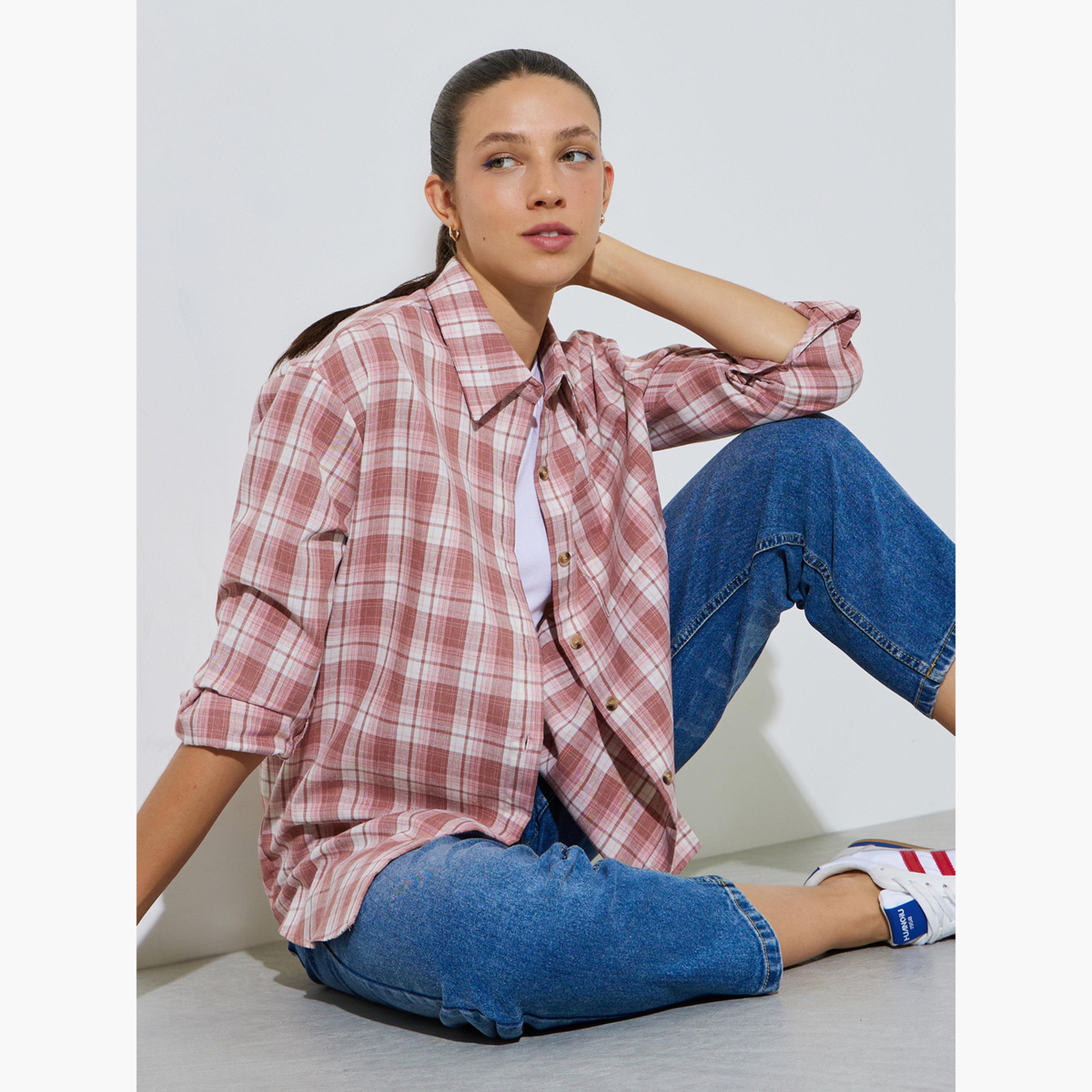 بلوزة واسعة قصة طويلة بنمط كاروهات-women-clothing-shirtsandblouses-shirts-image-3