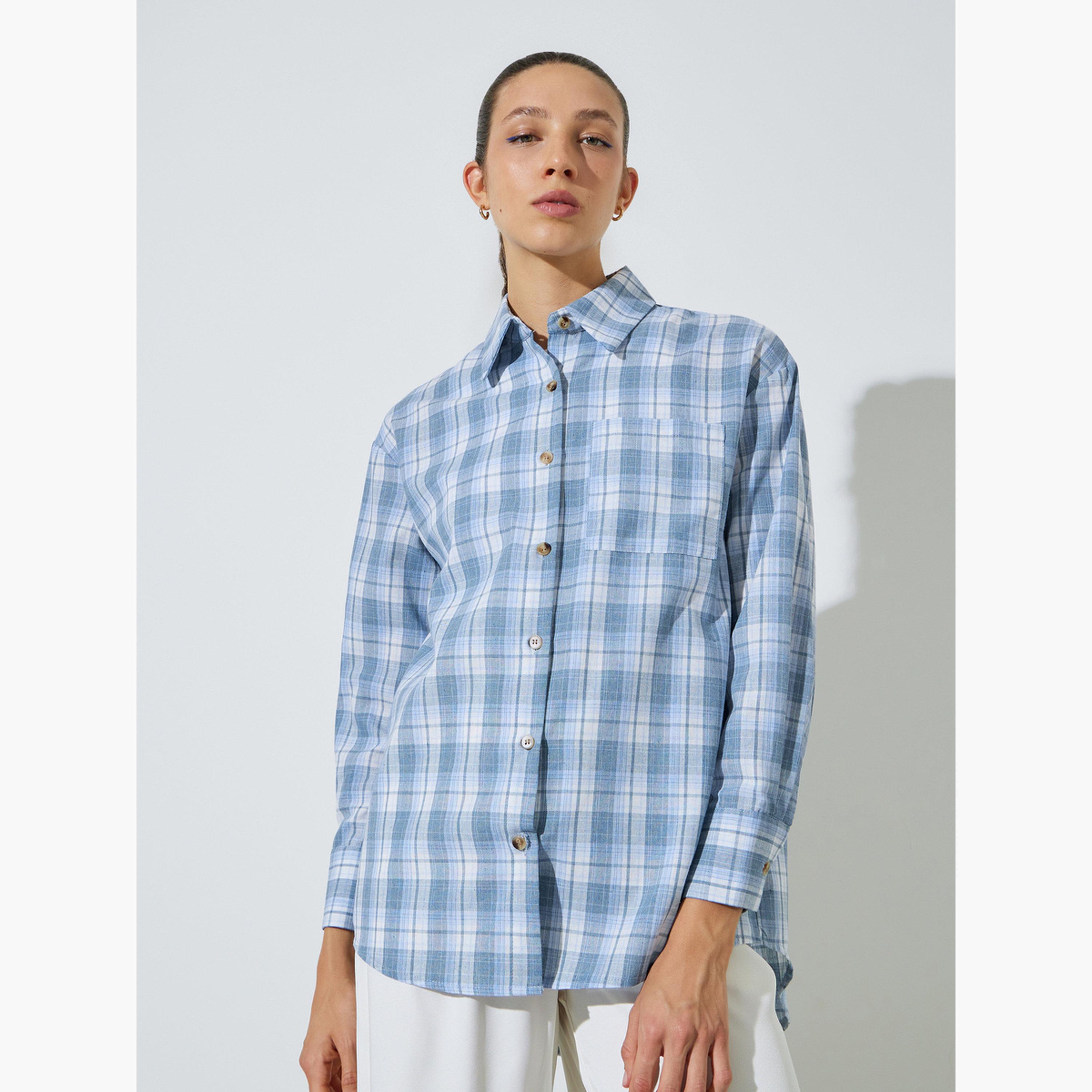 Styli Light Blue Longline Plaid Oversized Shirt-women-clothing-shirtsandblouses-shirts-image-1