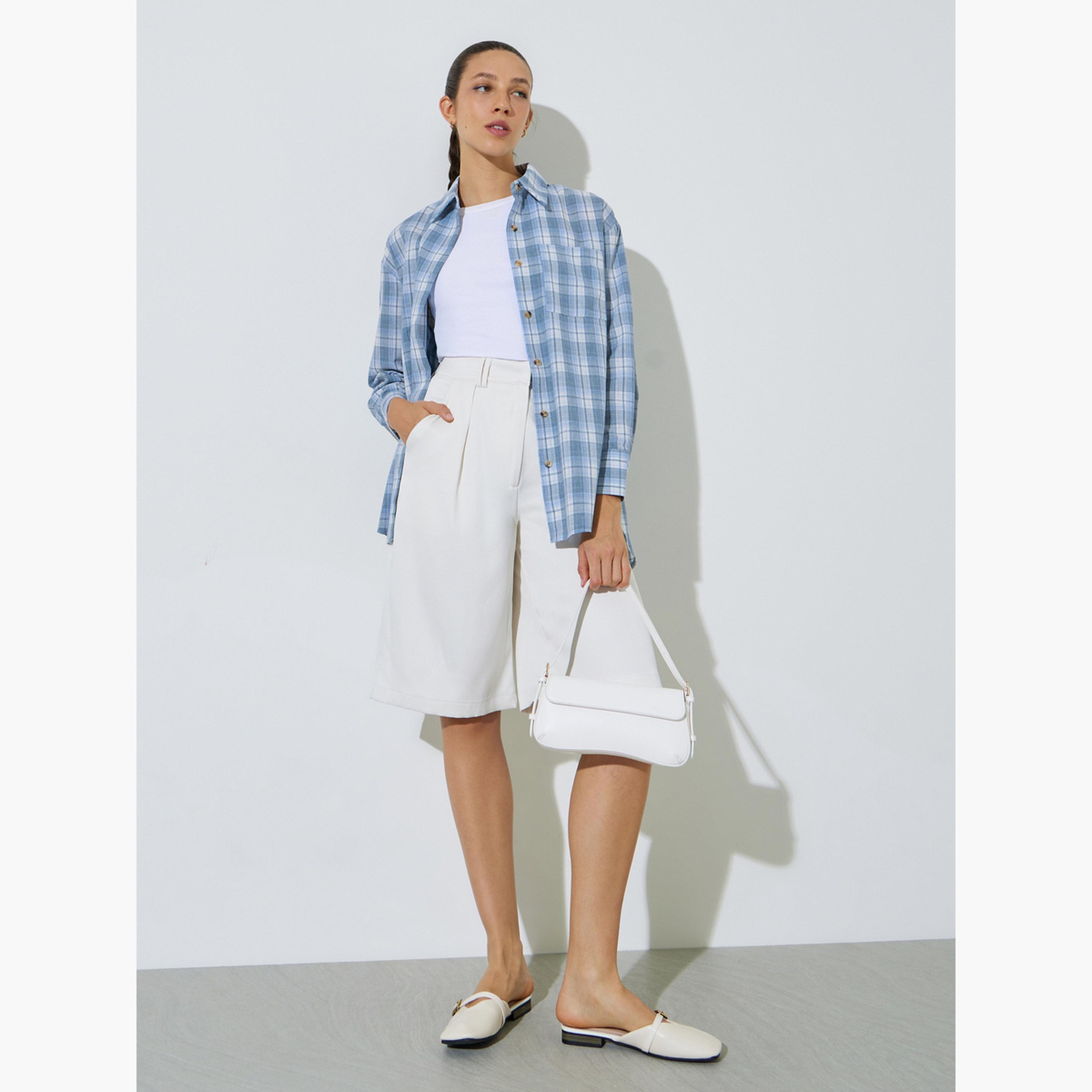 Styli Light Blue Longline Plaid Oversized Shirt-women-clothing-shirtsandblouses-shirts-image-2