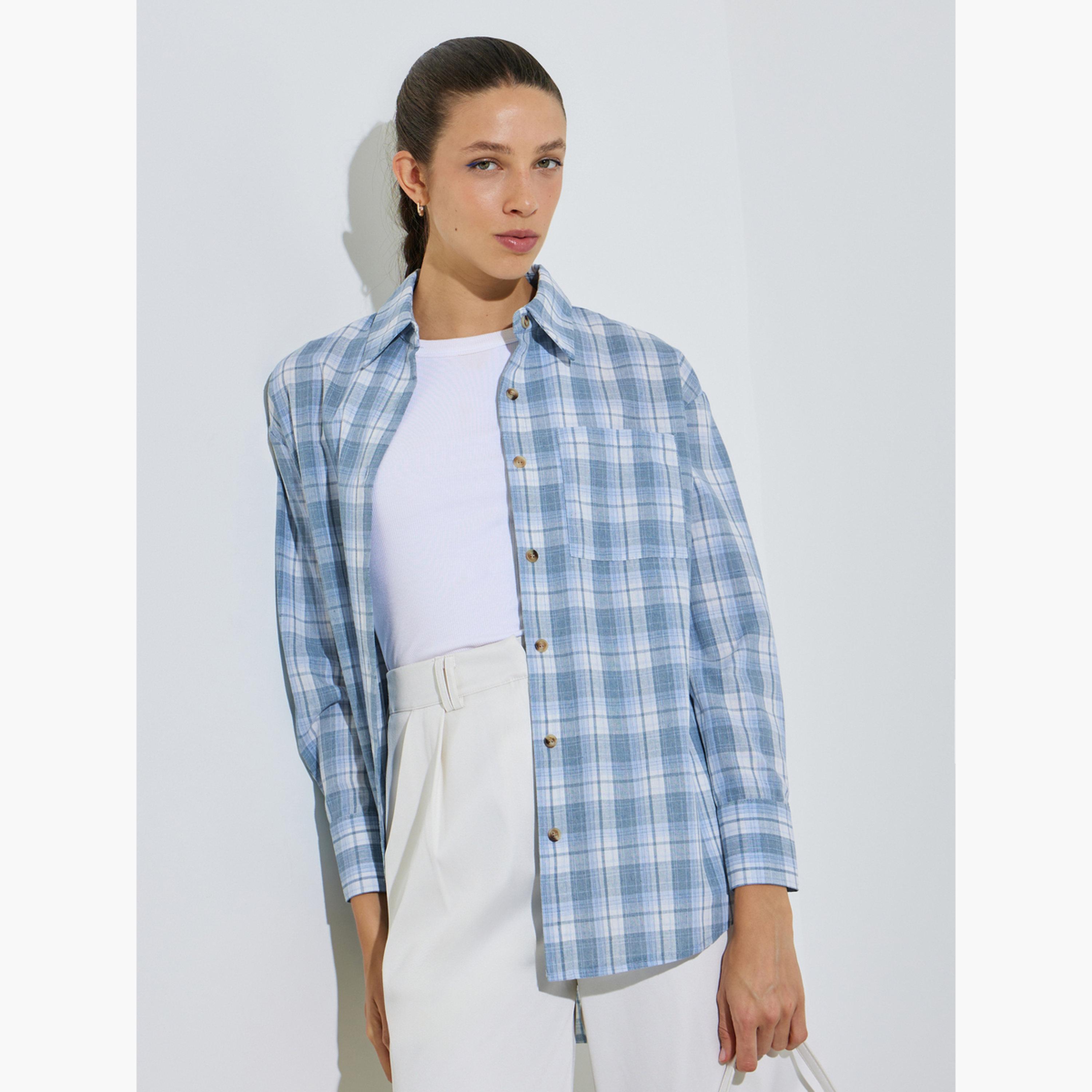 Styli Light Blue Longline Plaid Oversized Shirt-women-clothing-shirtsandblouses-shirts-image-3