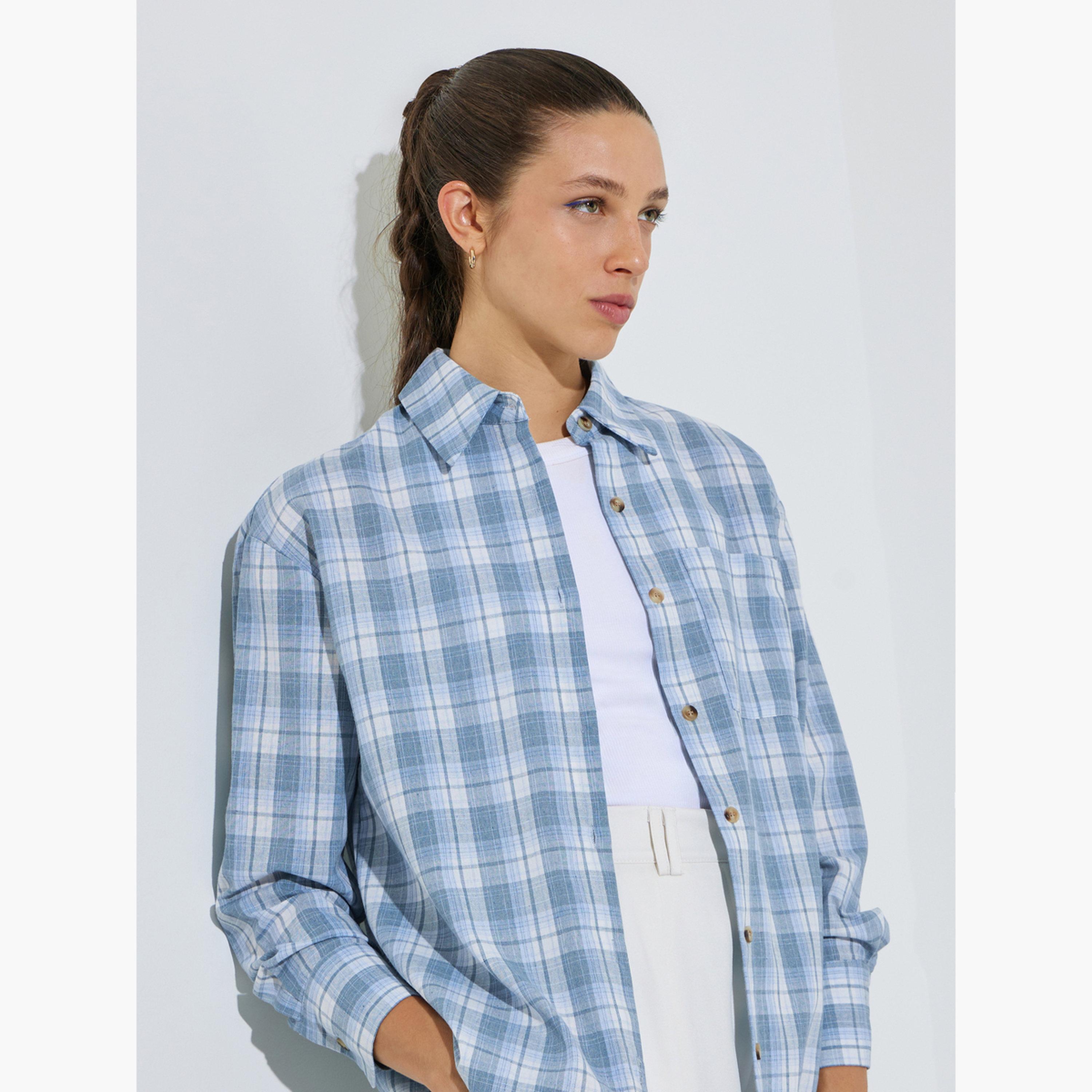 Styli Light Blue Longline Plaid Oversized Shirt-women-clothing-shirtsandblouses-shirts-image-4