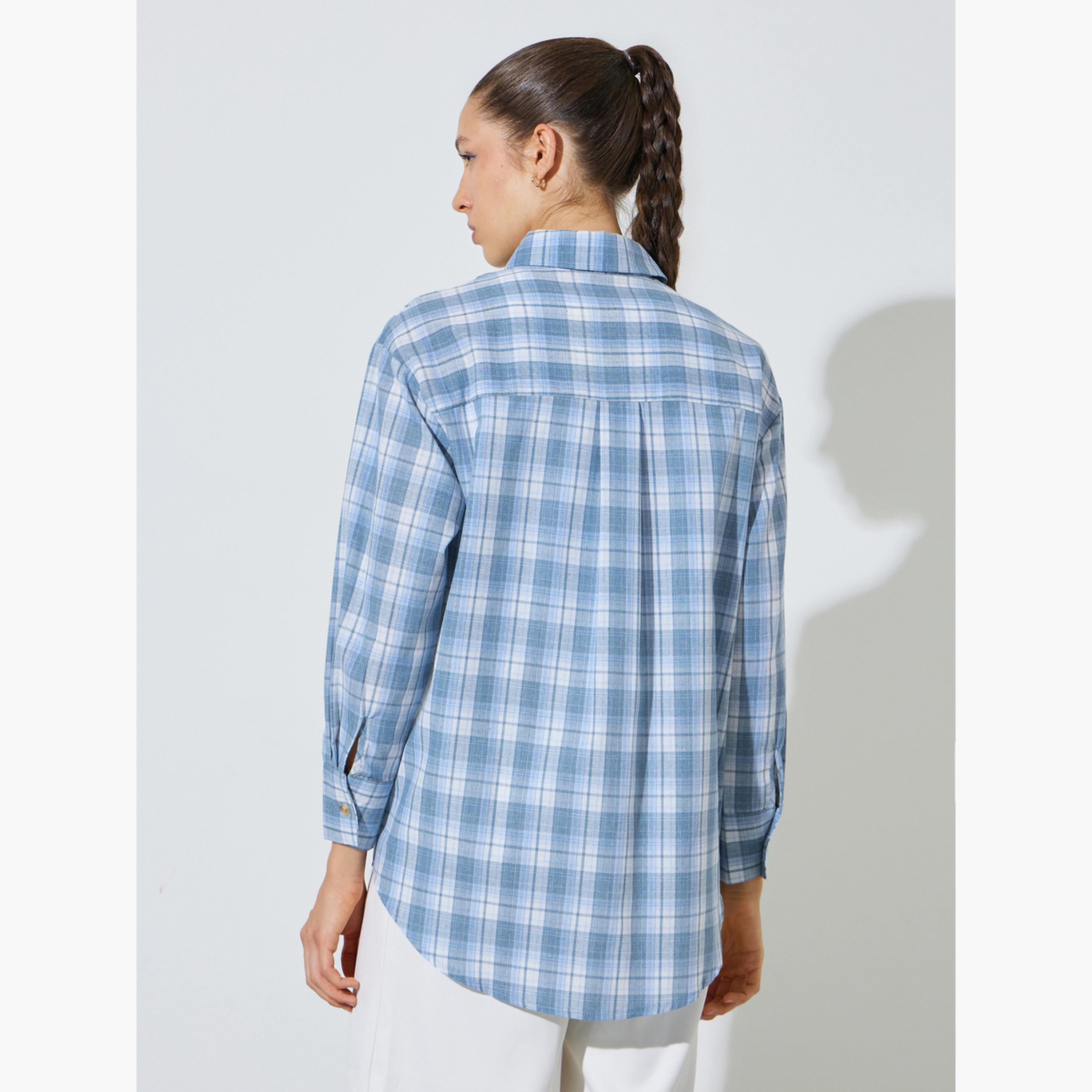 Styli Light Blue Longline Plaid Oversized Shirt-women-clothing-shirtsandblouses-shirts-image-5