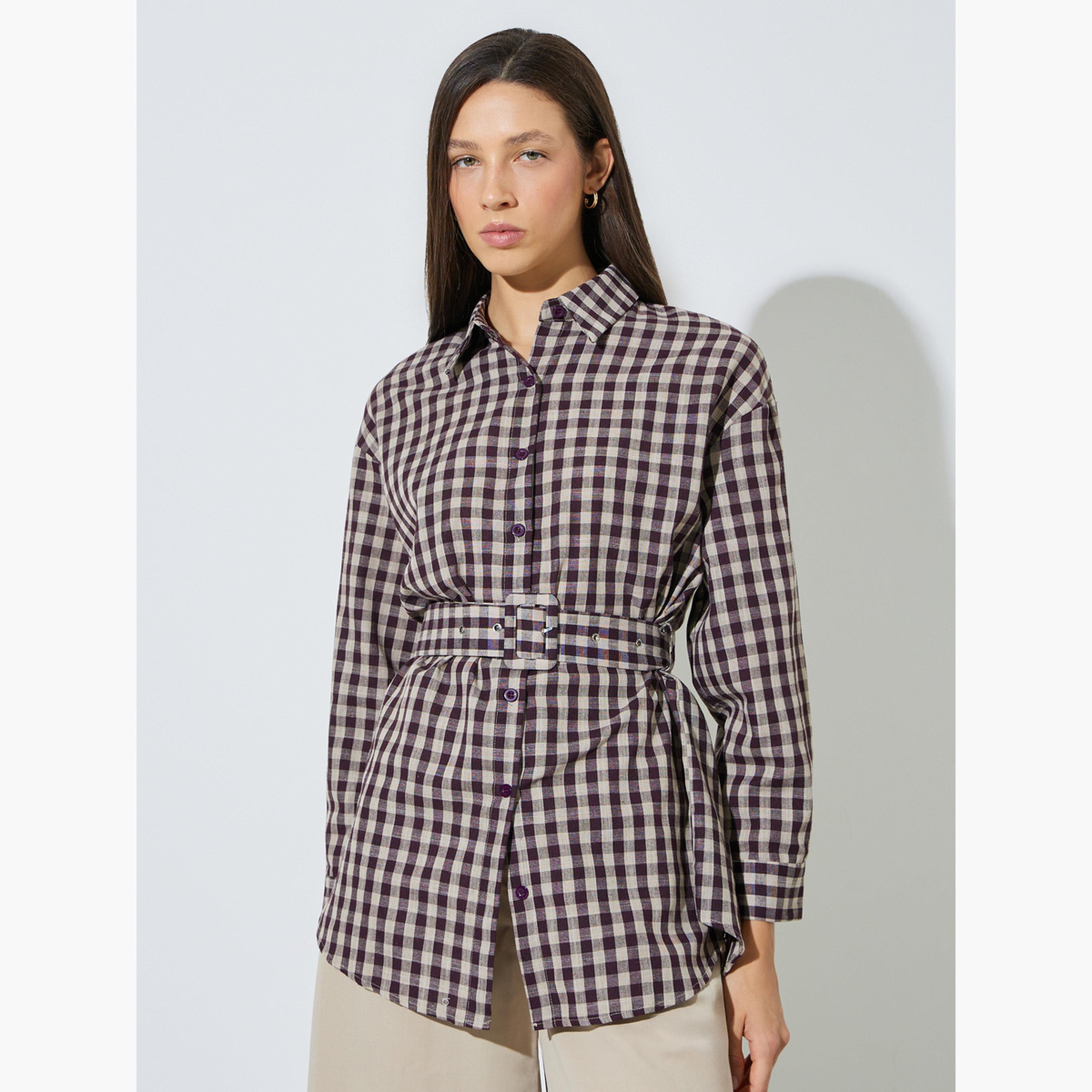 Styli Brown Checkered Longline Shirt with Belt-women-clothing-shirtsandblouses-blouses-image-1