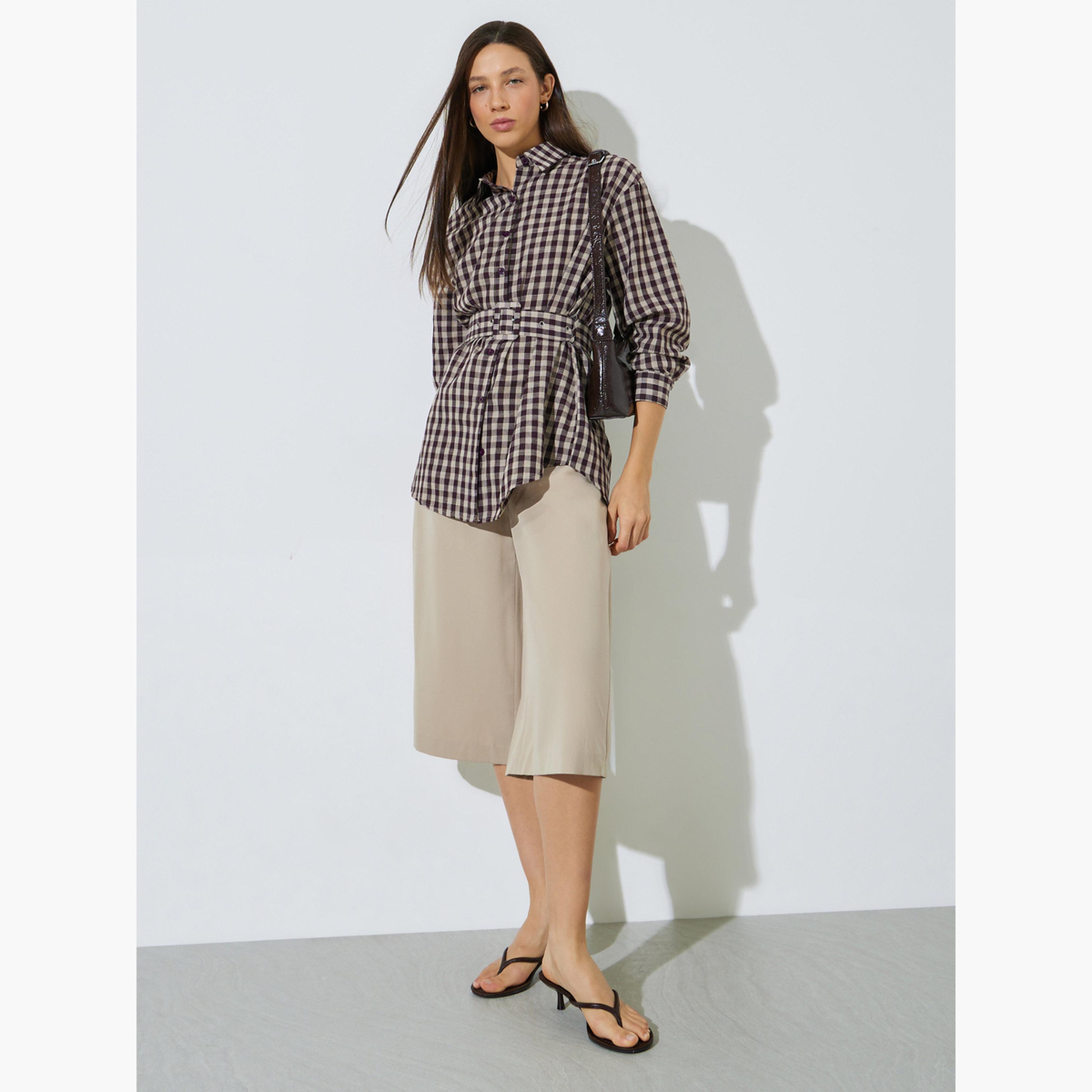 Styli Brown Checkered Longline Shirt with Belt-women-clothing-shirtsandblouses-blouses-image-2