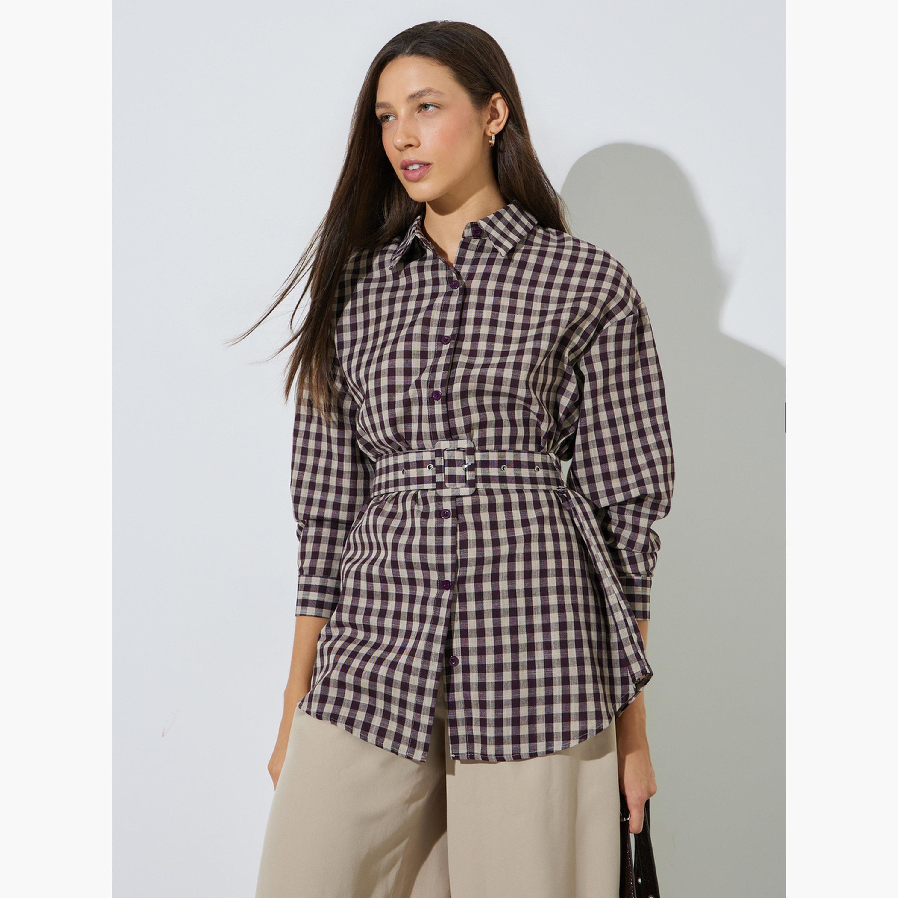 Styli Brown Checkered Longline Shirt with Belt-women-clothing-shirtsandblouses-blouses-image-3