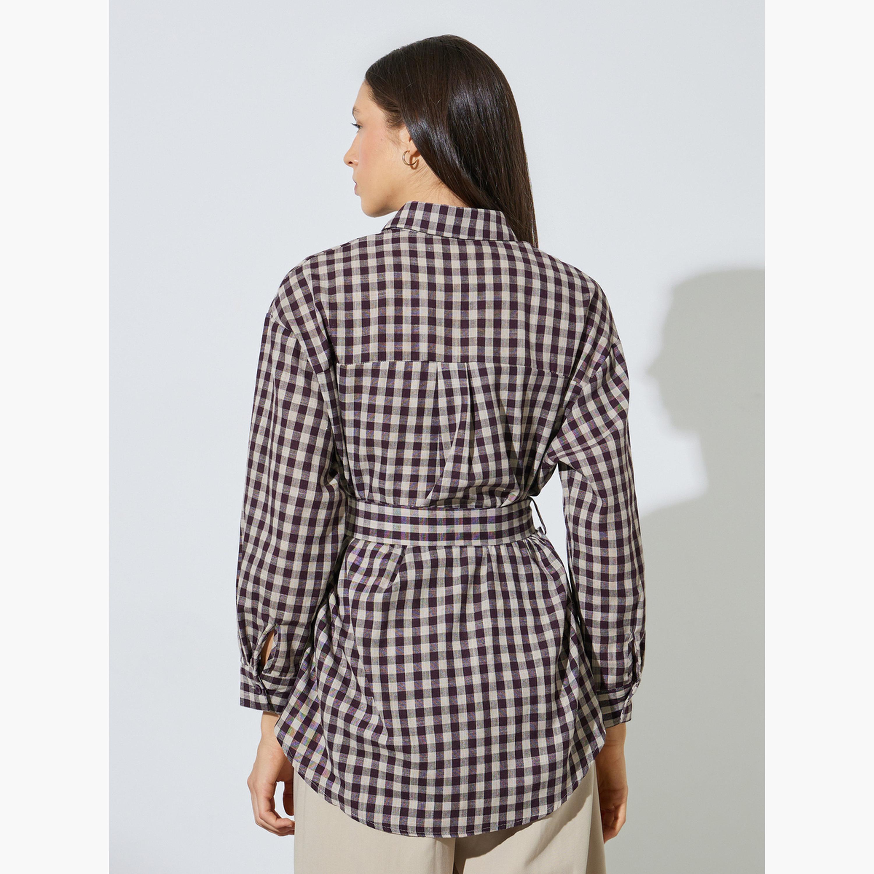 Styli Brown Checkered Longline Shirt with Belt-women-clothing-shirtsandblouses-blouses-image-4