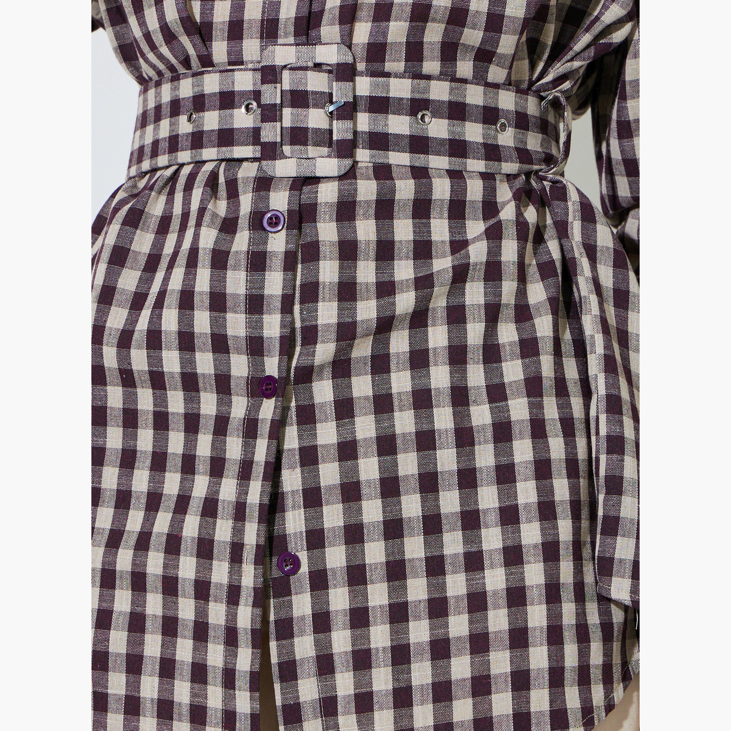 Styli Brown Checkered Longline Shirt with Belt-women-clothing-shirtsandblouses-blouses-image-5