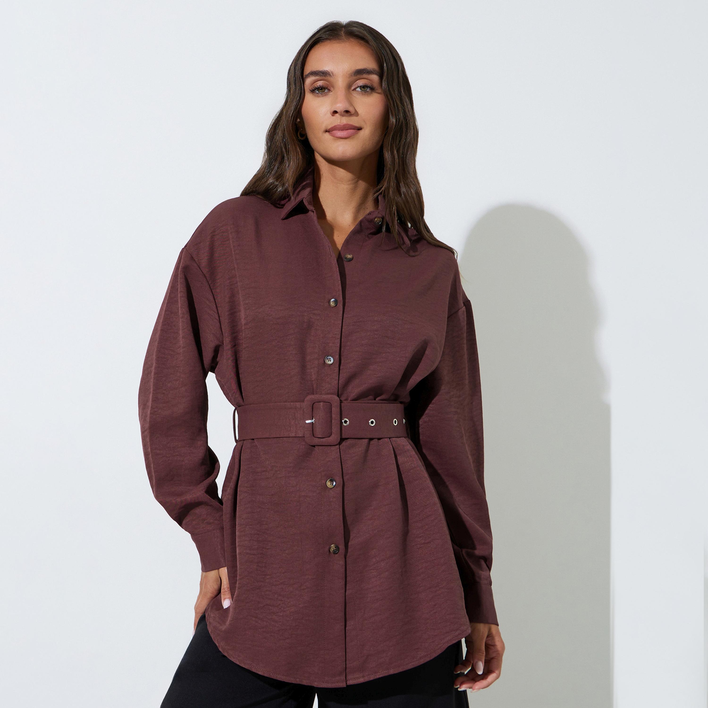 بلوزة عنابي بحزام وتفاصيل بارزة الملمس-women-clothing-shirtsandblouses-shirts-image-1