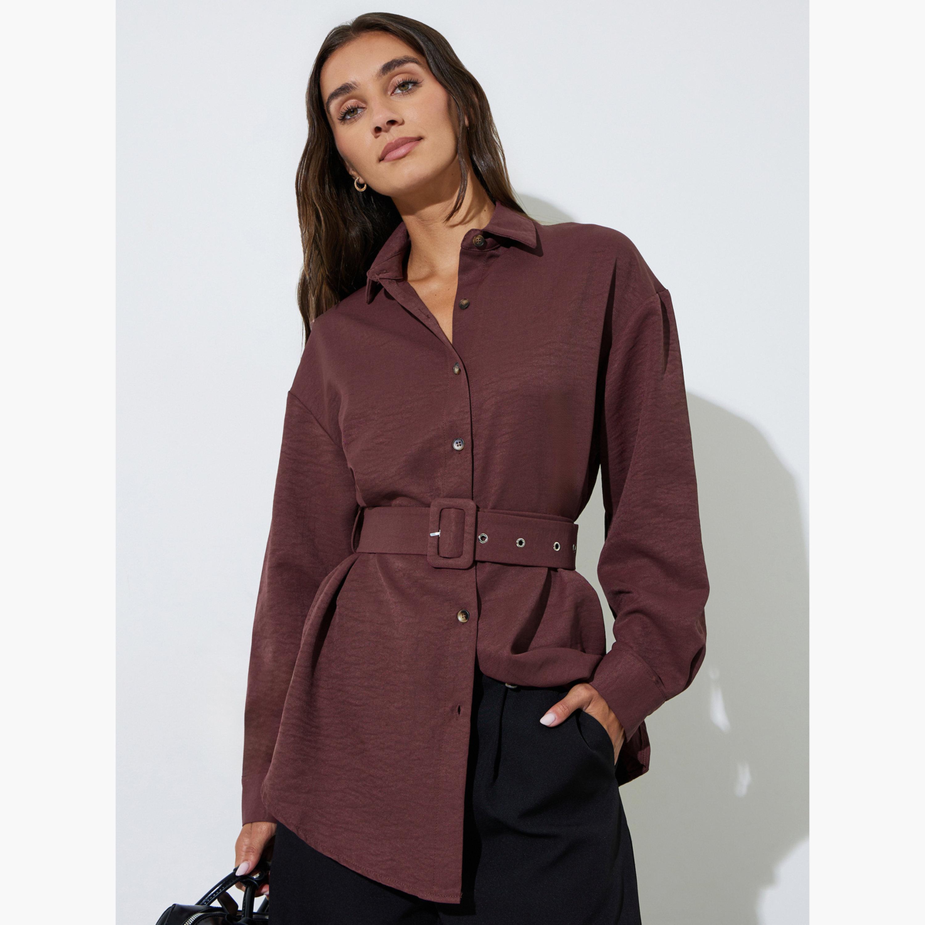 بلوزة عنابي بحزام وتفاصيل بارزة الملمس-women-clothing-shirtsandblouses-shirts-image-3
