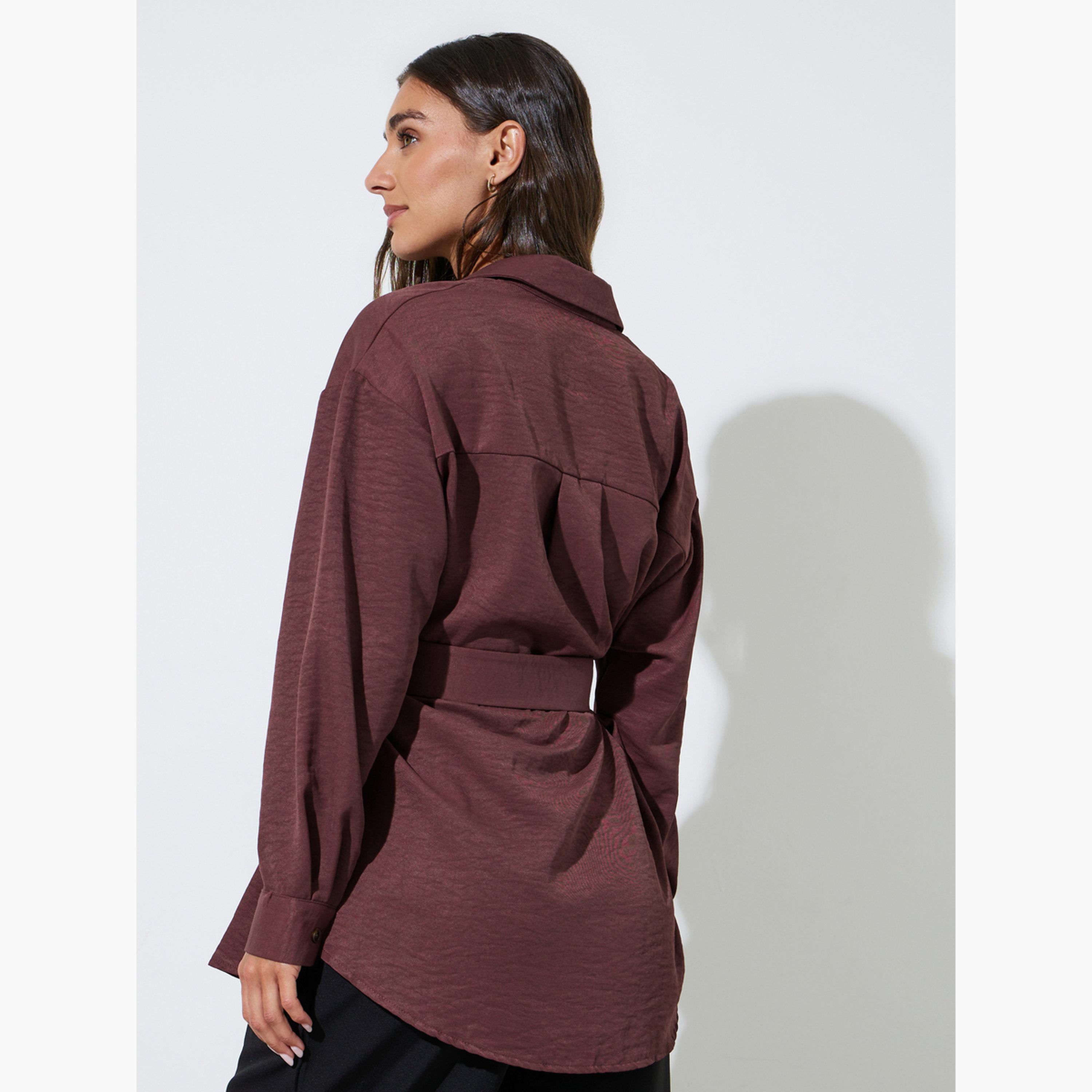 بلوزة عنابي بحزام وتفاصيل بارزة الملمس-women-clothing-shirtsandblouses-shirts-image-4