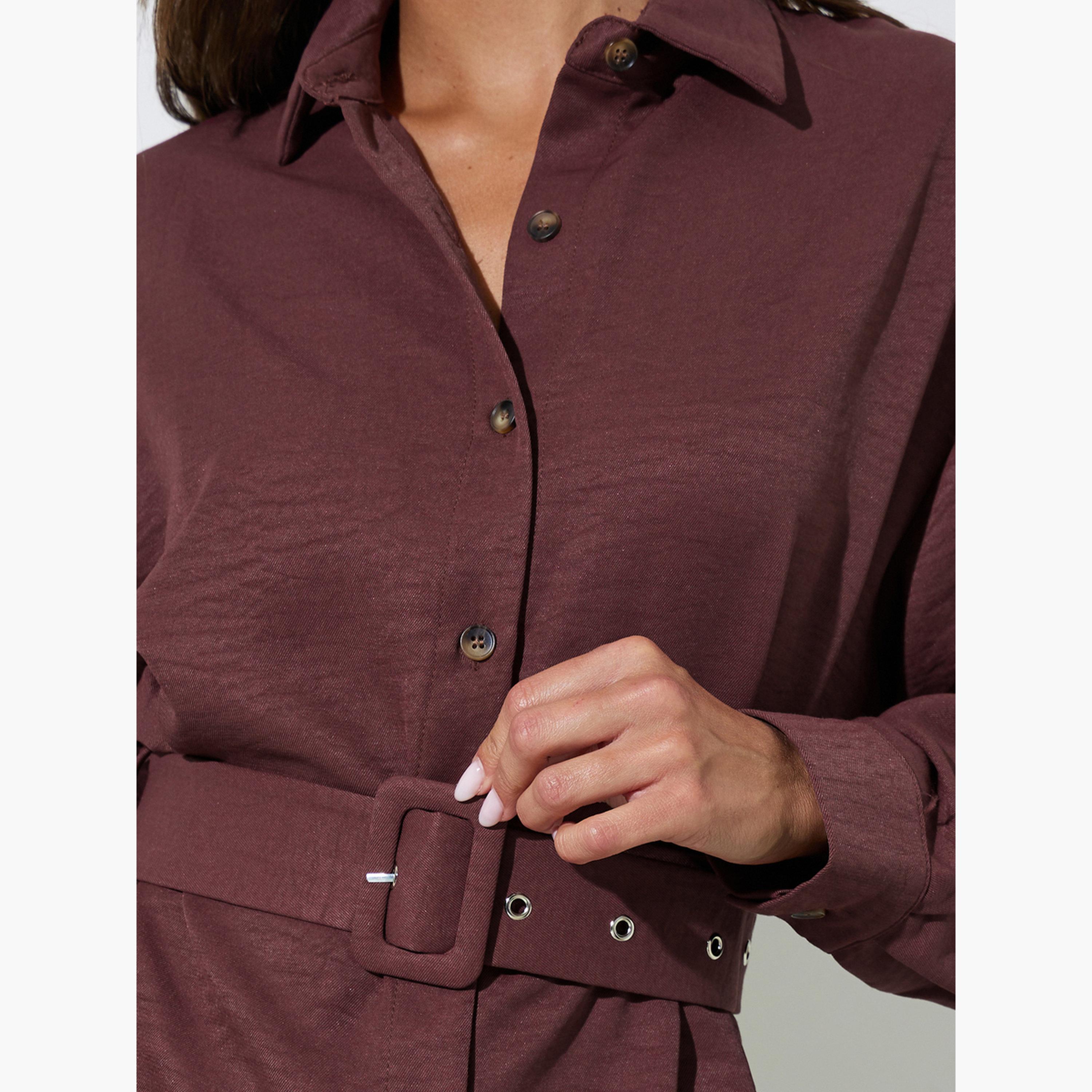 بلوزة عنابي بحزام وتفاصيل بارزة الملمس-women-clothing-shirtsandblouses-shirts-image-5