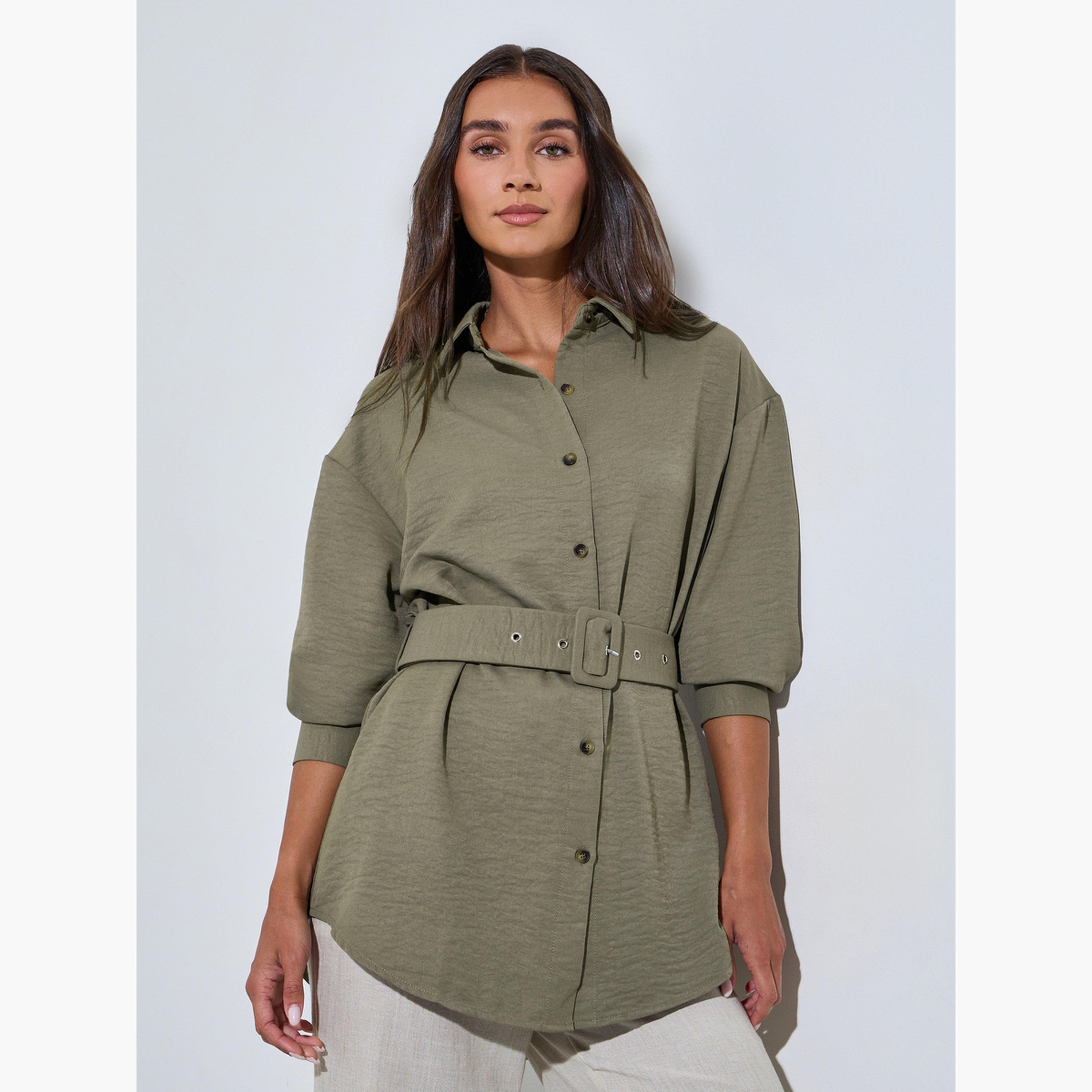 جاكيت قميص بحزام وتفاصيل بارزة الملمس لون زيتوني-women-clothing-shirtsandblouses-shirts-image-1