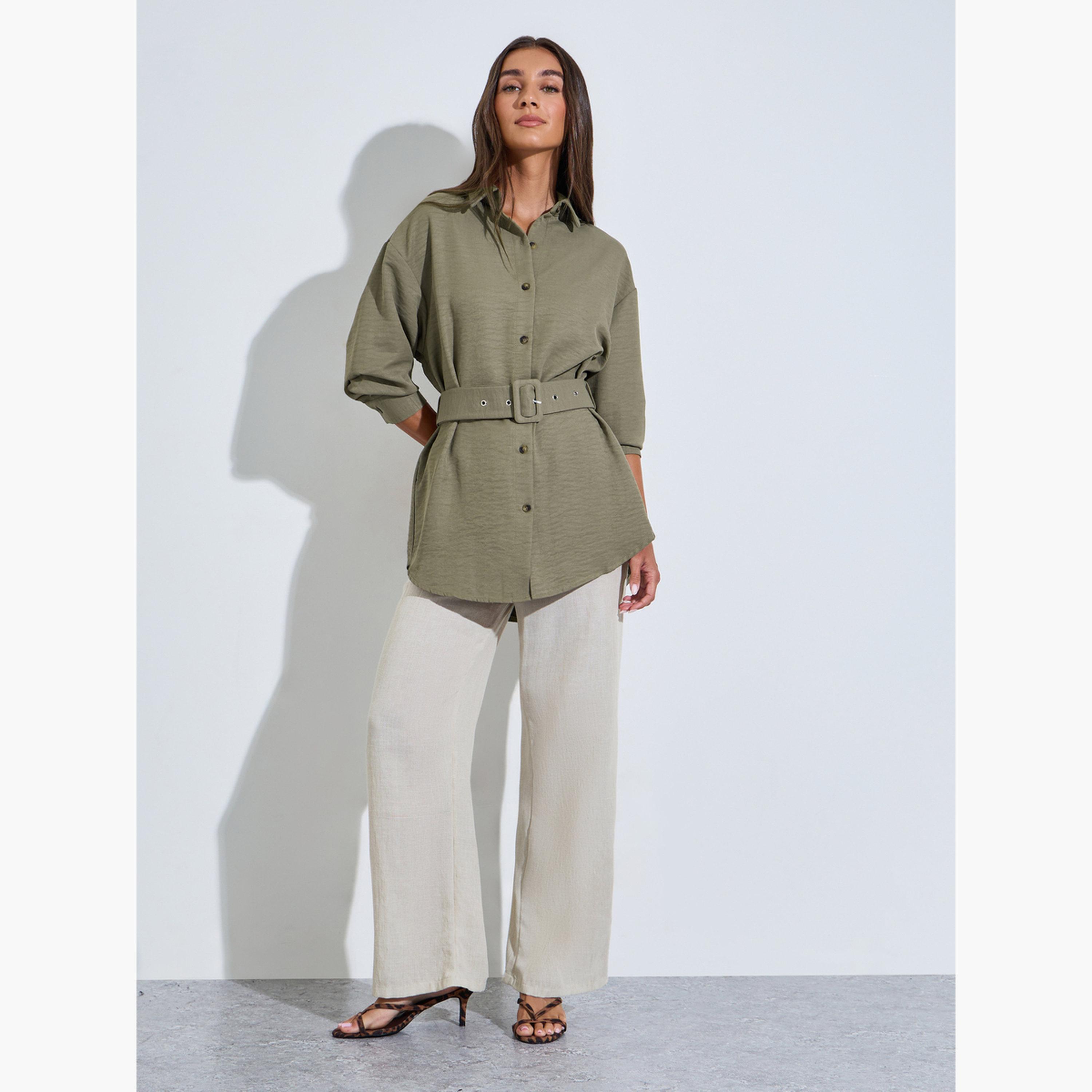 جاكيت قميص بحزام وتفاصيل بارزة الملمس لون زيتوني-women-clothing-shirtsandblouses-shirts-image-2