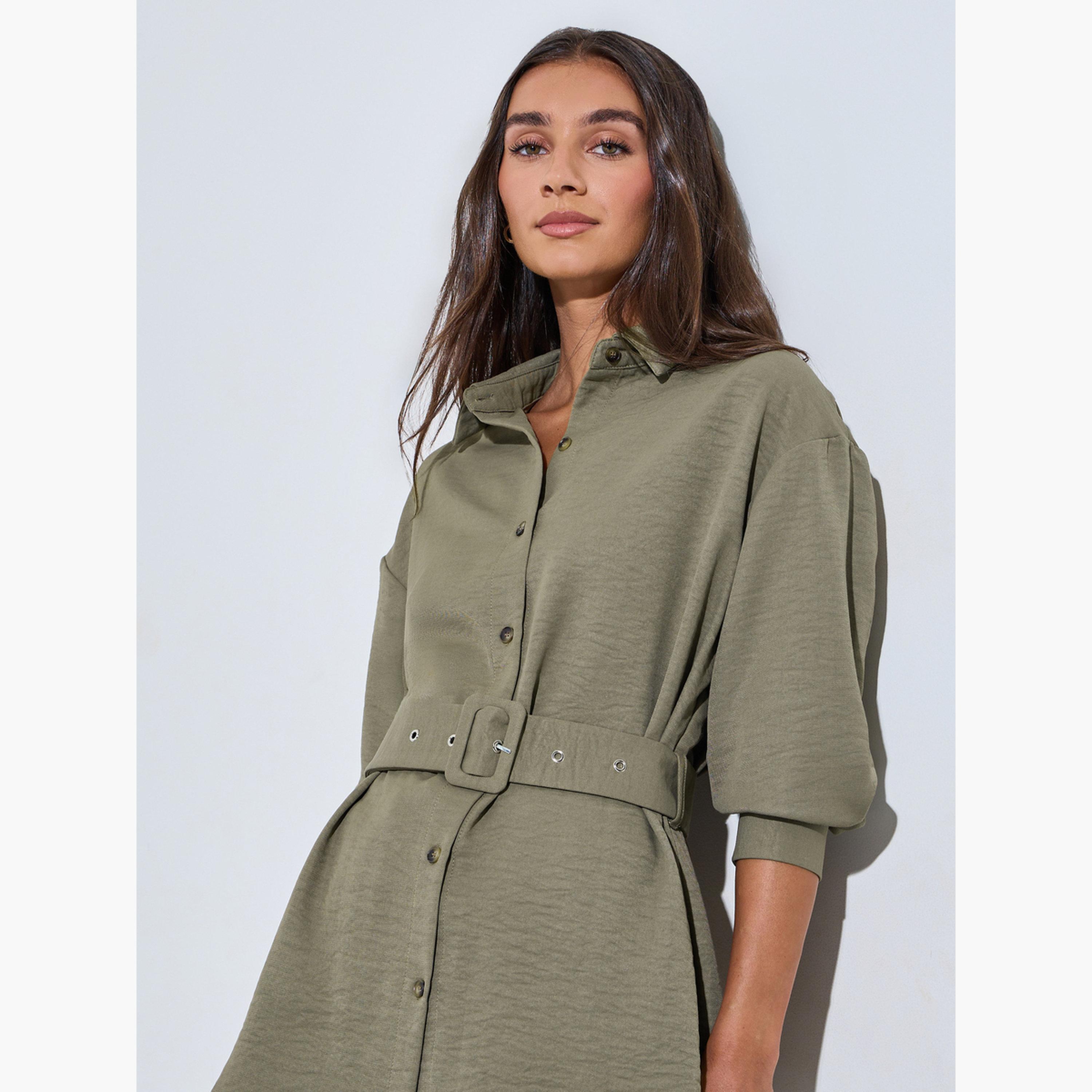 جاكيت قميص بحزام وتفاصيل بارزة الملمس لون زيتوني-women-clothing-shirtsandblouses-shirts-image-3