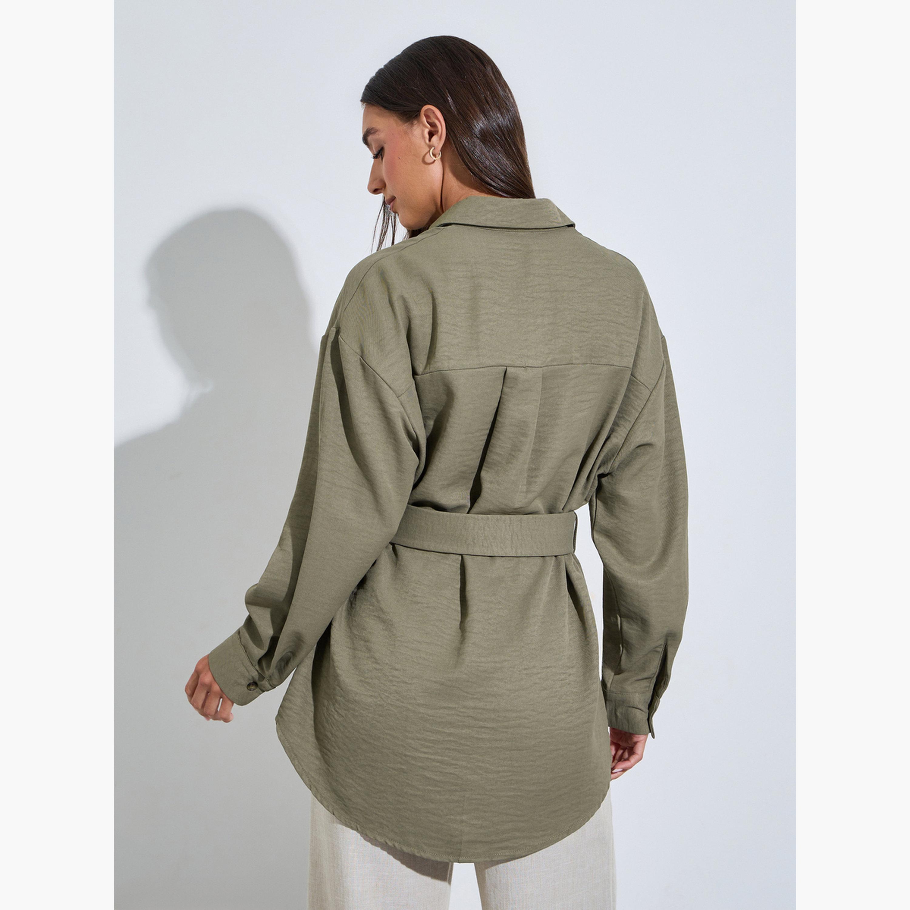جاكيت قميص بحزام وتفاصيل بارزة الملمس لون زيتوني-women-clothing-shirtsandblouses-shirts-image-4