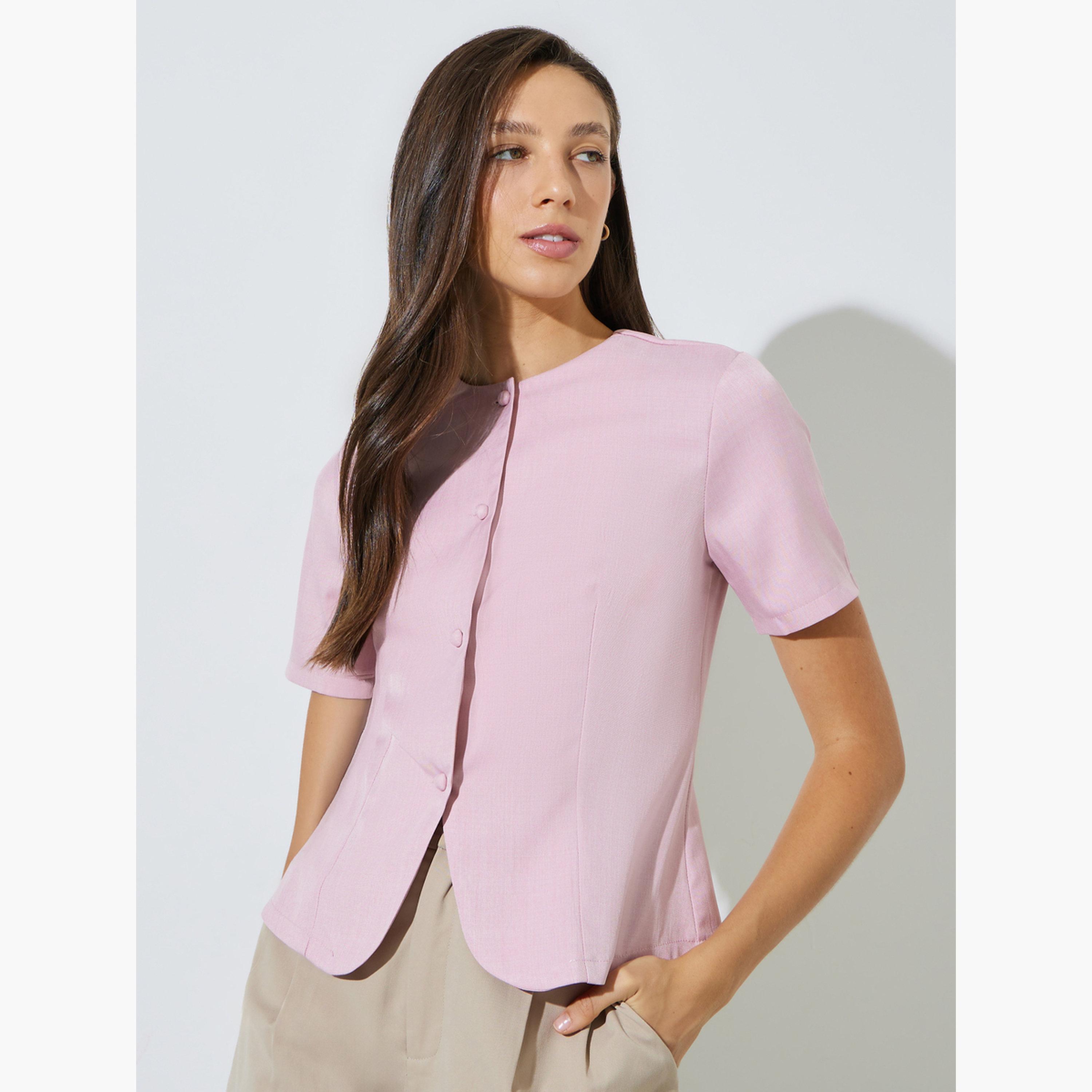 Styli Pink Short Sleeve Button-Front Blouse-women-clothing-shirtsandblouses-blouses-image-1
