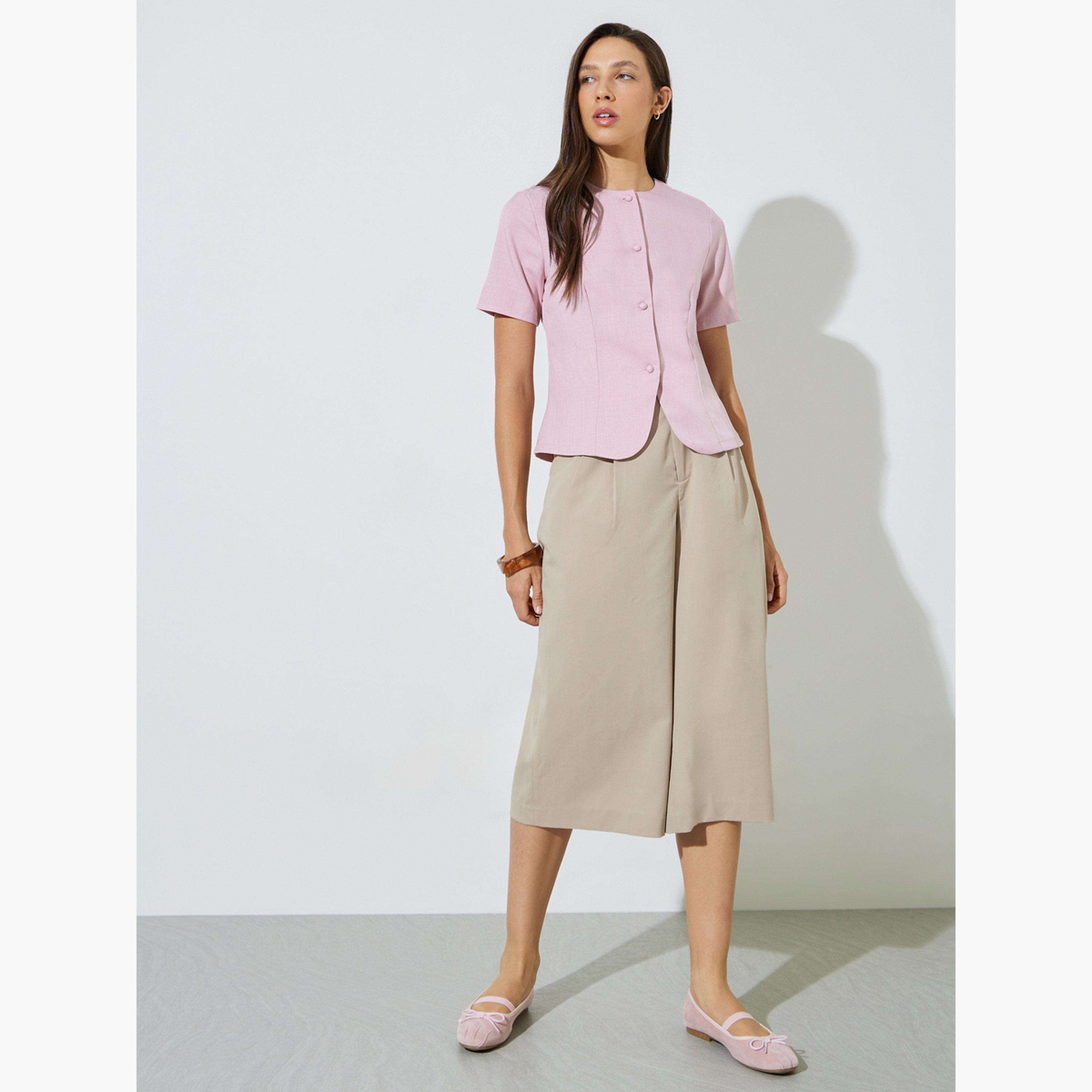 Styli Pink Short Sleeve Button-Front Blouse-women-clothing-shirtsandblouses-blouses-image-2