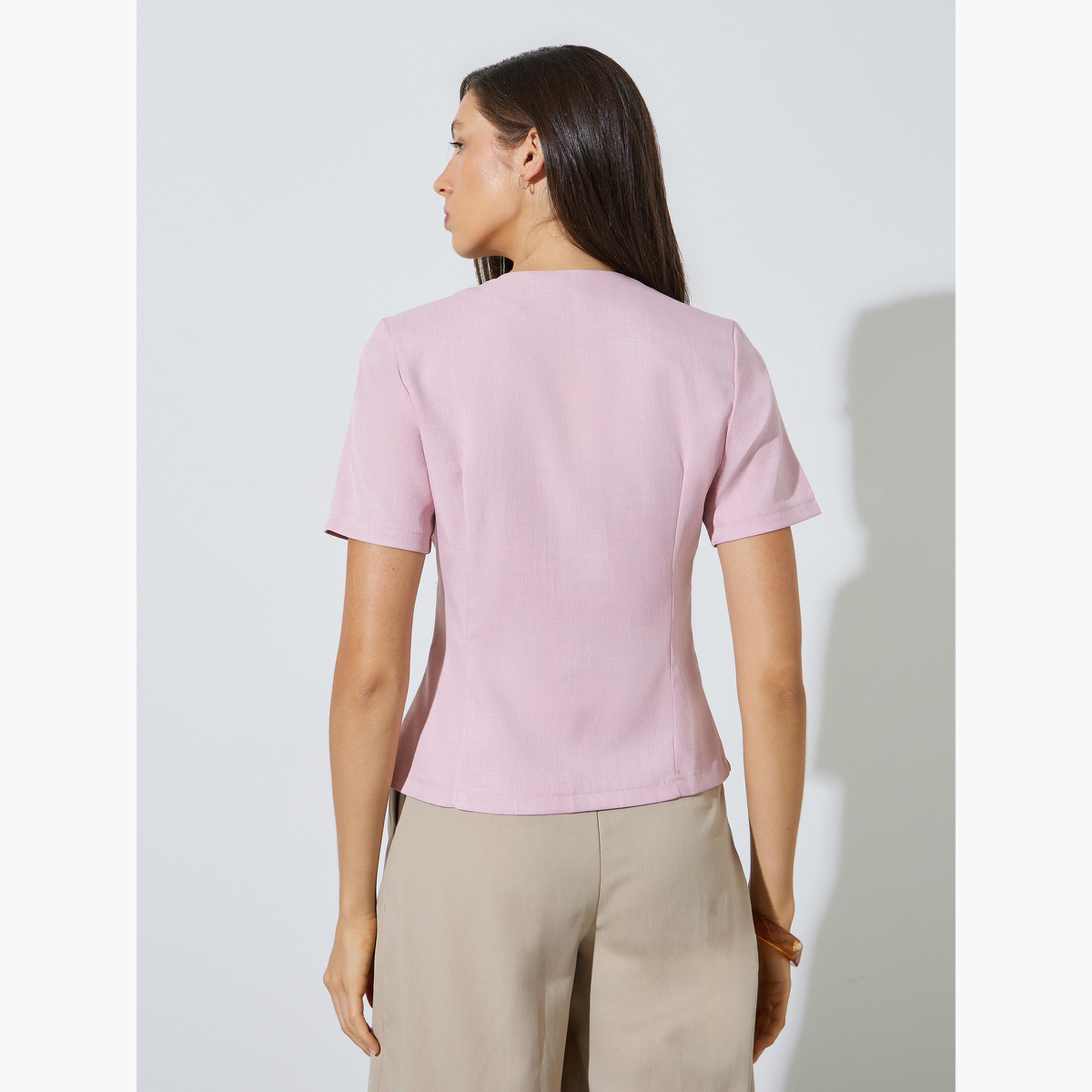 Styli Pink Short Sleeve Button-Front Blouse-women-clothing-shirtsandblouses-blouses-image-3