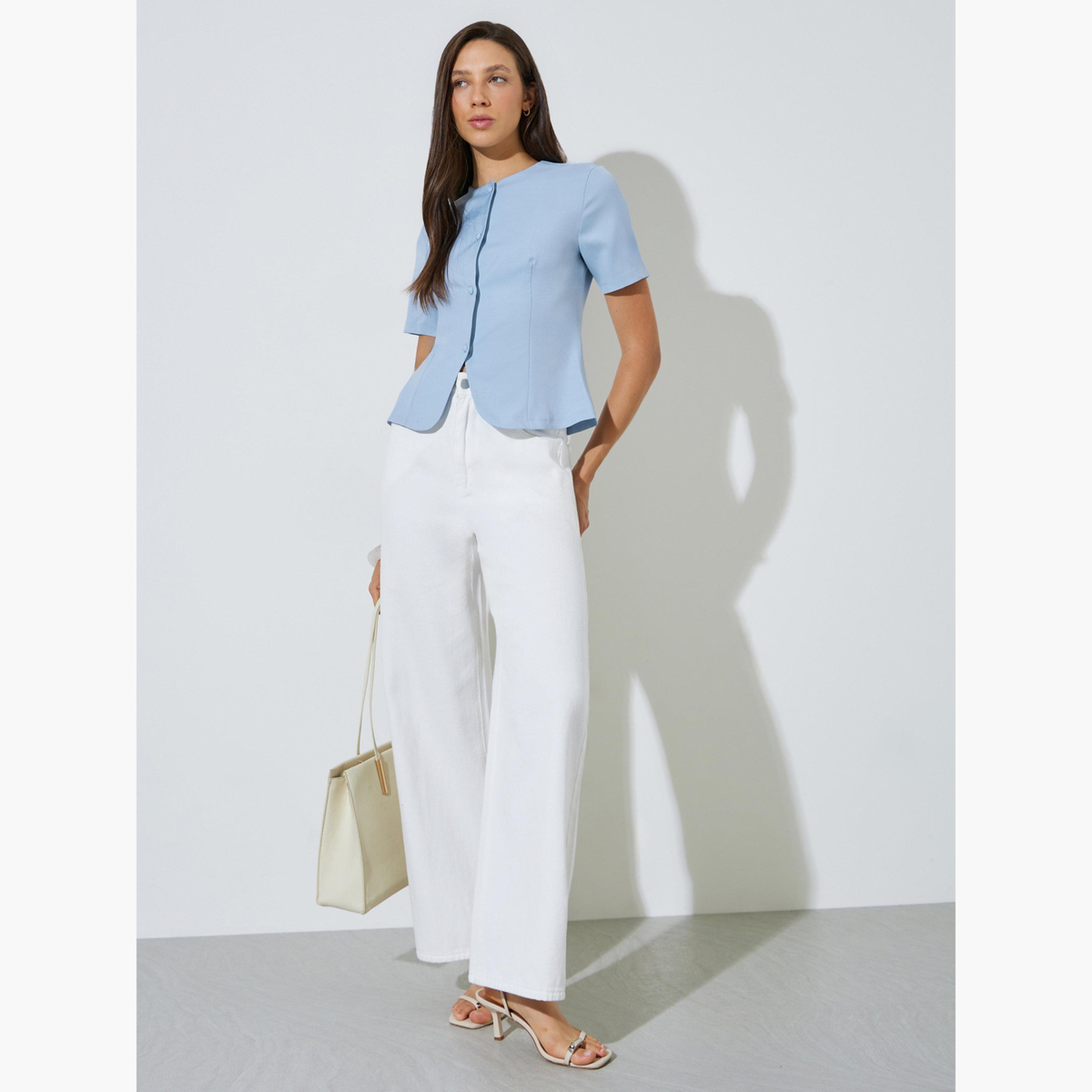 Styli Light Blue Short Sleeve Button-Front Blouse-women-clothing-shirtsandblouses-blouses-image-2