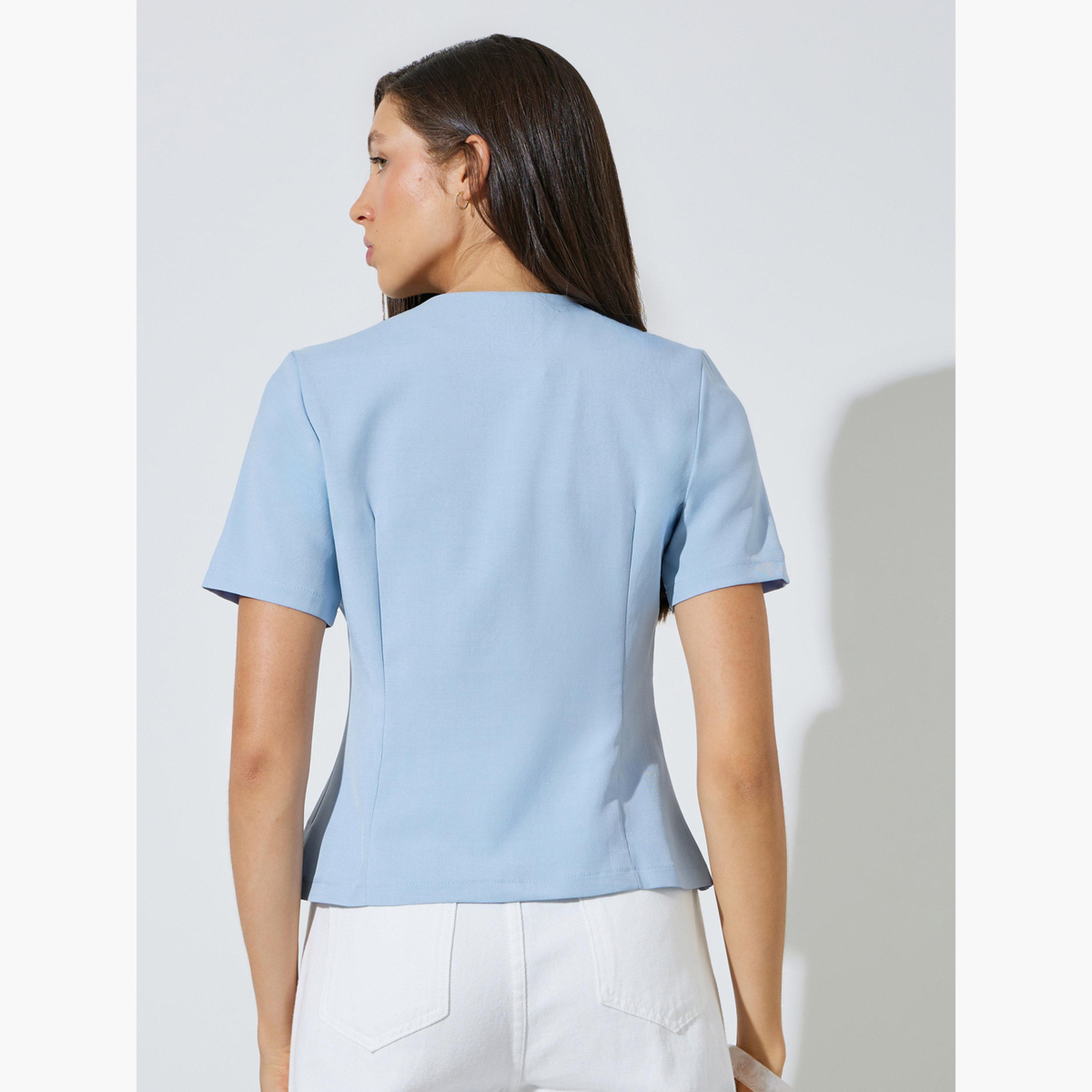 Styli Light Blue Short Sleeve Button-Front Blouse-women-clothing-shirtsandblouses-blouses-image-3