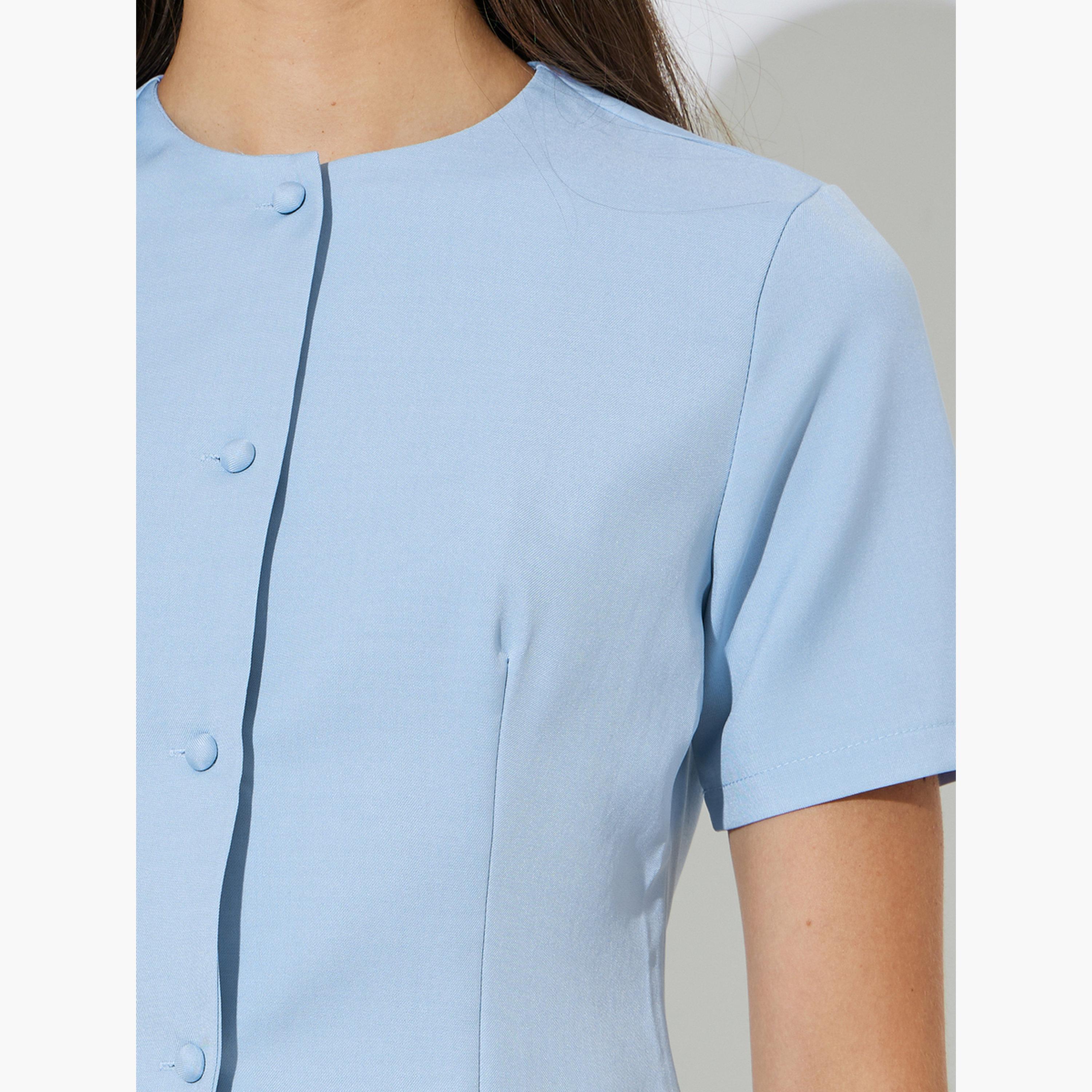 Styli Light Blue Short Sleeve Button-Front Blouse-women-clothing-shirtsandblouses-blouses-image-4