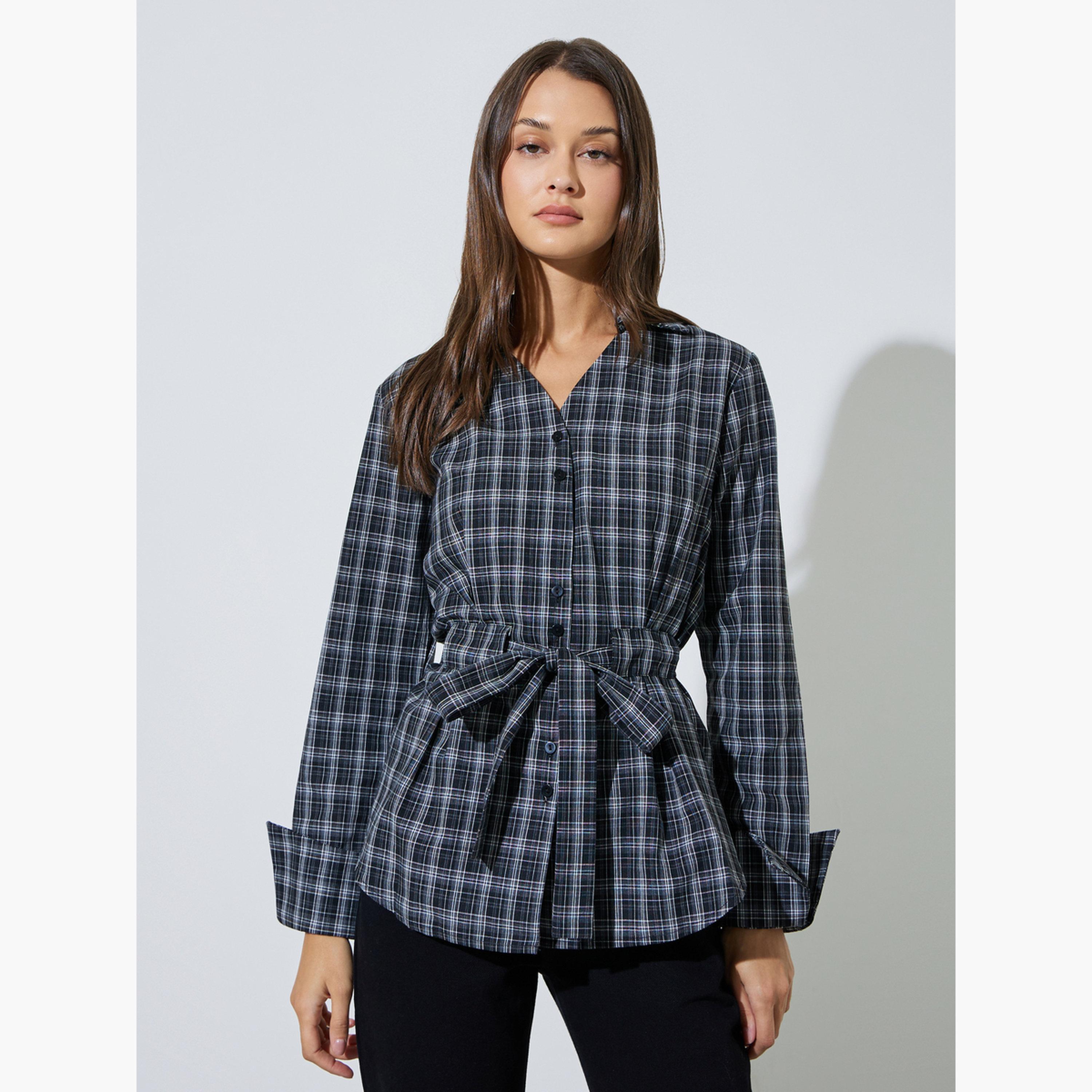 قميص بأكمام طويلة ورباط خصر ونمط مربعات لون أسود-women-clothing-shirtsandblouses-shirts-image-1