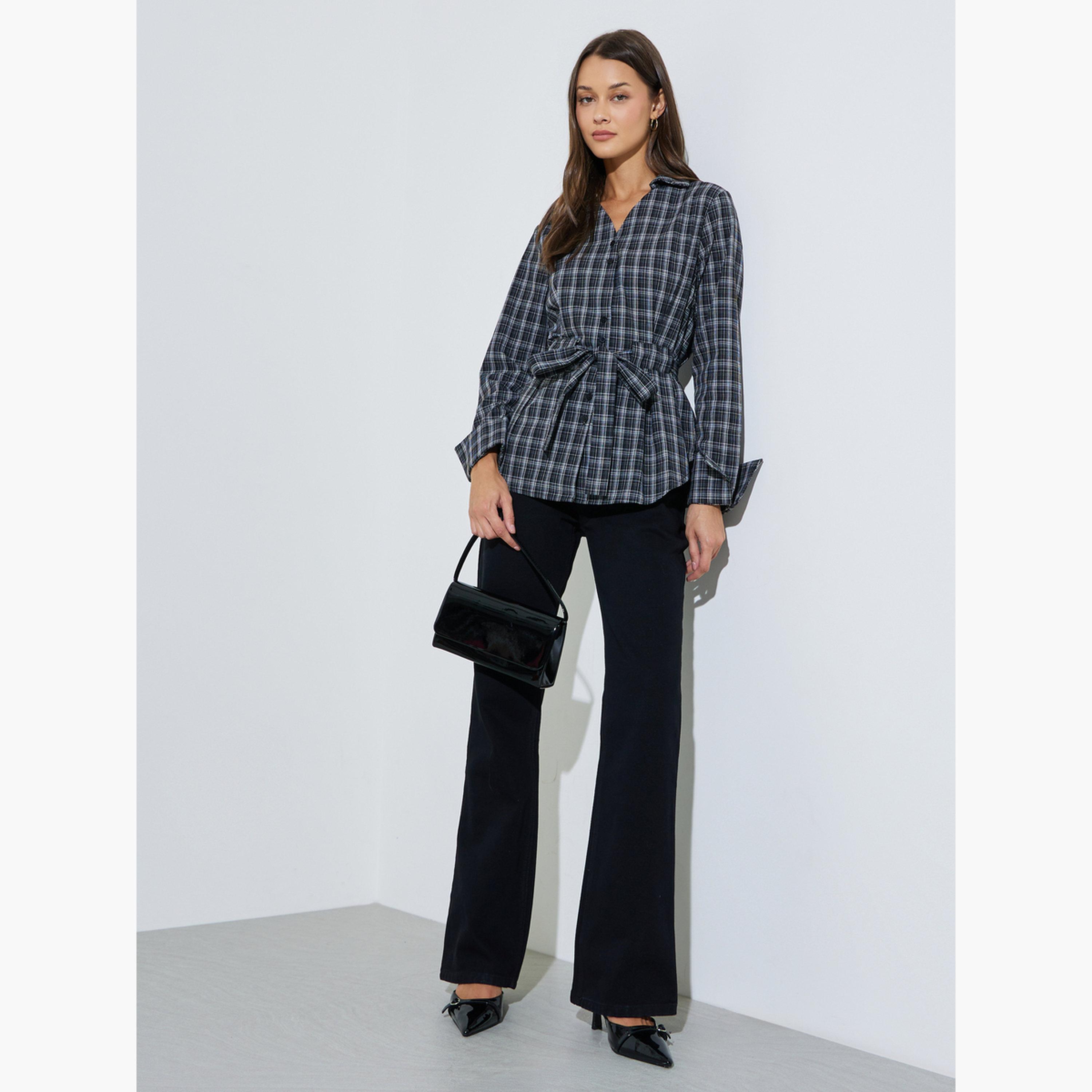 قميص بأكمام طويلة ورباط خصر ونمط مربعات لون أسود-women-clothing-shirtsandblouses-shirts-image-2