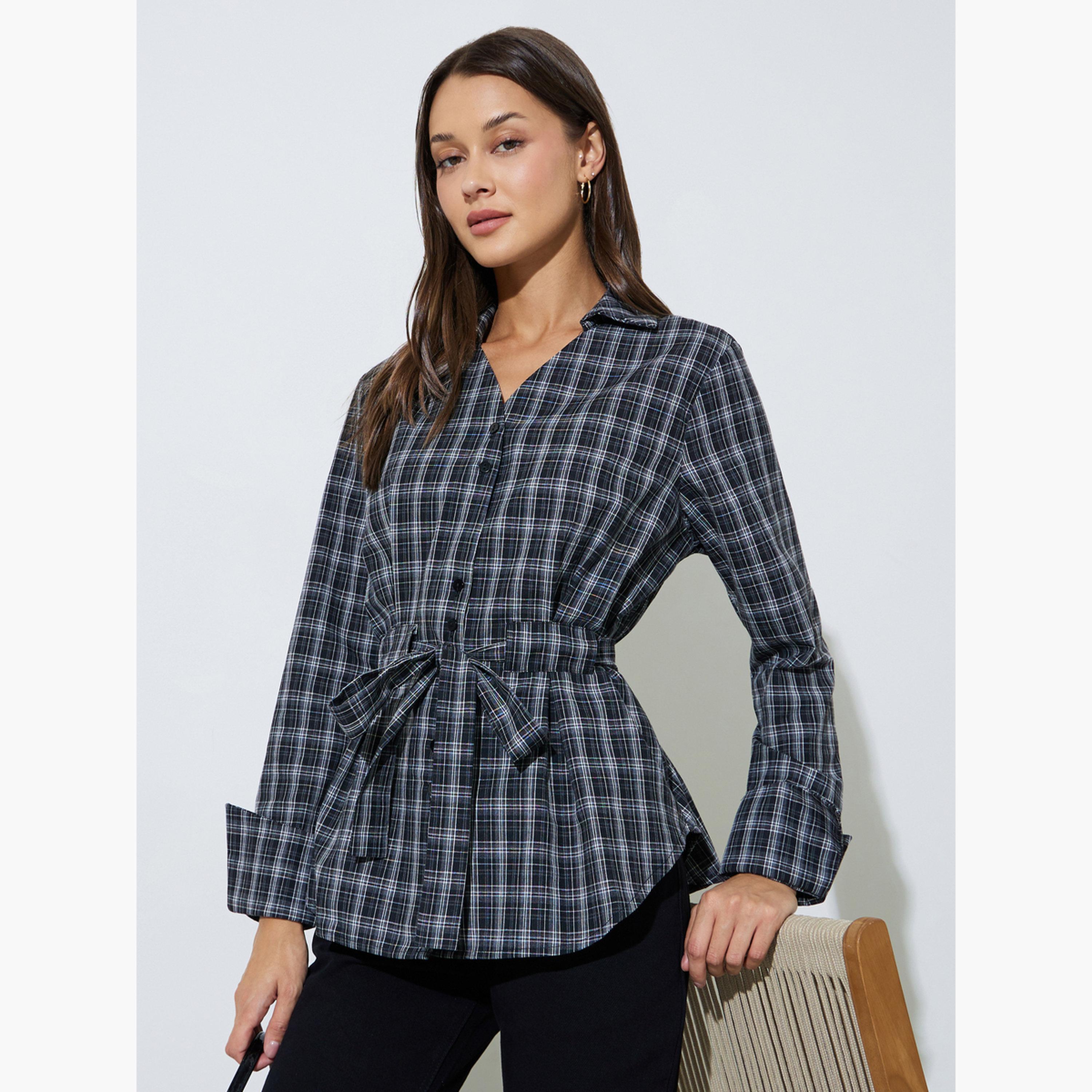 قميص بأكمام طويلة ورباط خصر ونمط مربعات لون أسود-women-clothing-shirtsandblouses-shirts-image-3