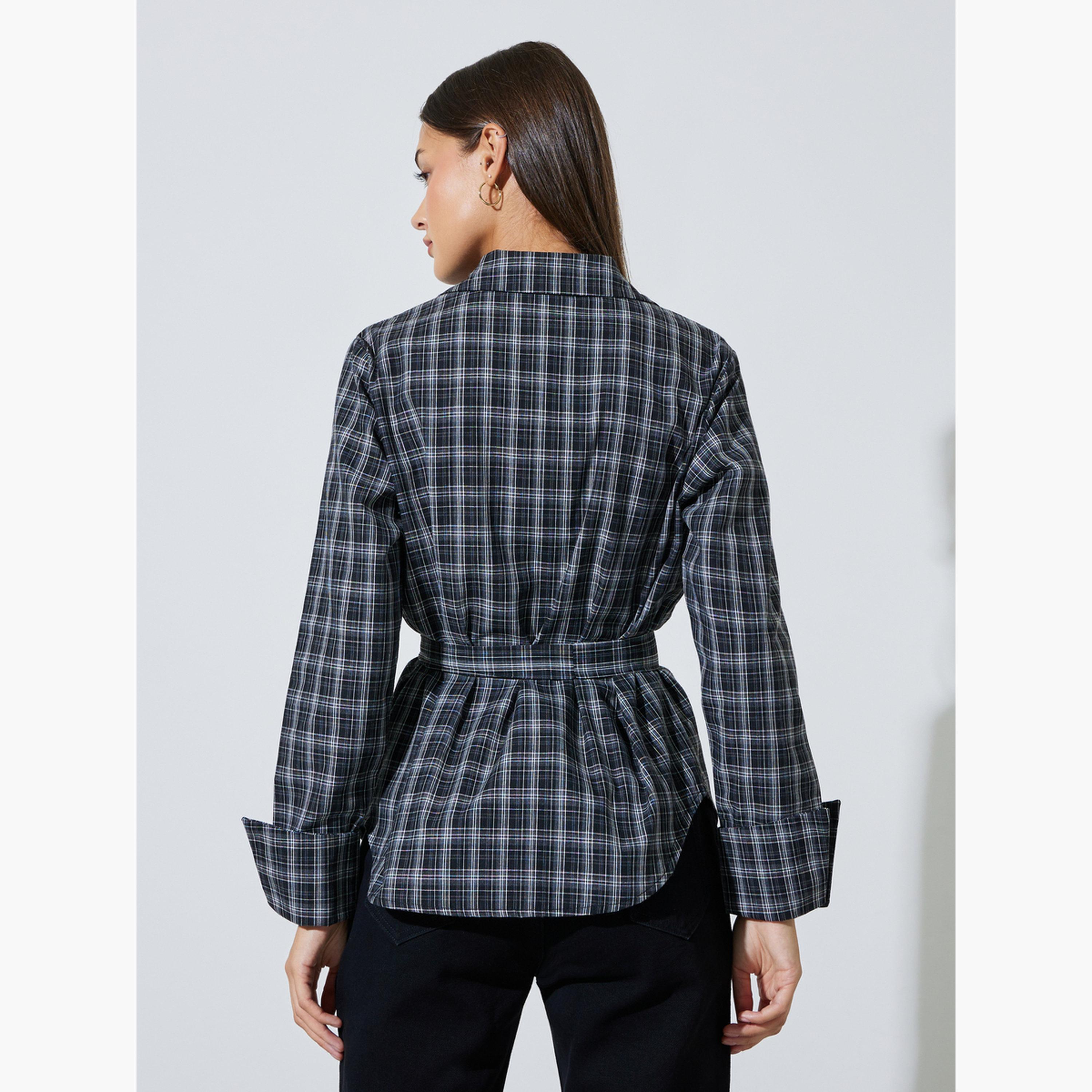 قميص بأكمام طويلة ورباط خصر ونمط مربعات لون أسود-women-clothing-shirtsandblouses-shirts-image-4