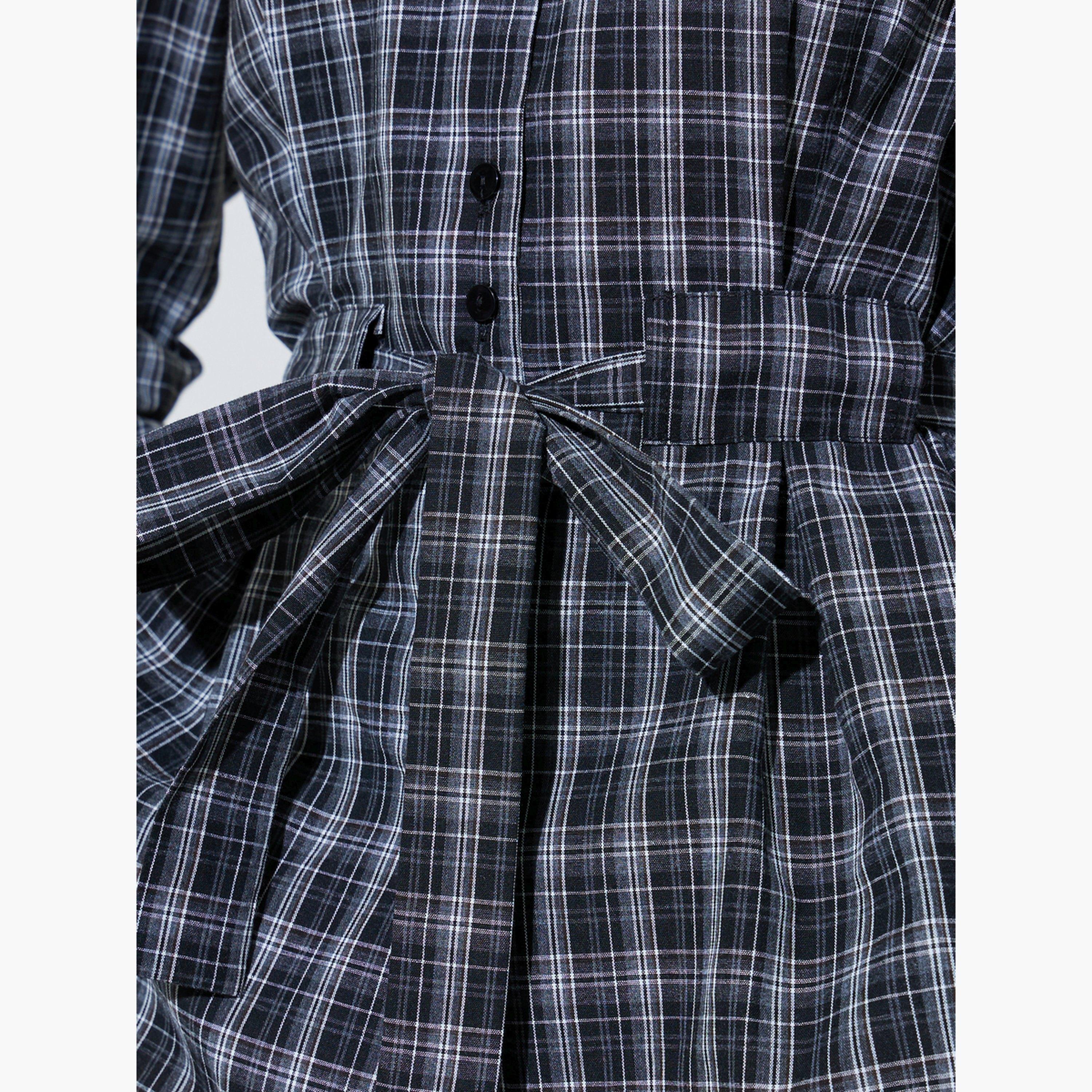 قميص بأكمام طويلة ورباط خصر ونمط مربعات لون أسود-women-clothing-shirtsandblouses-shirts-image-5