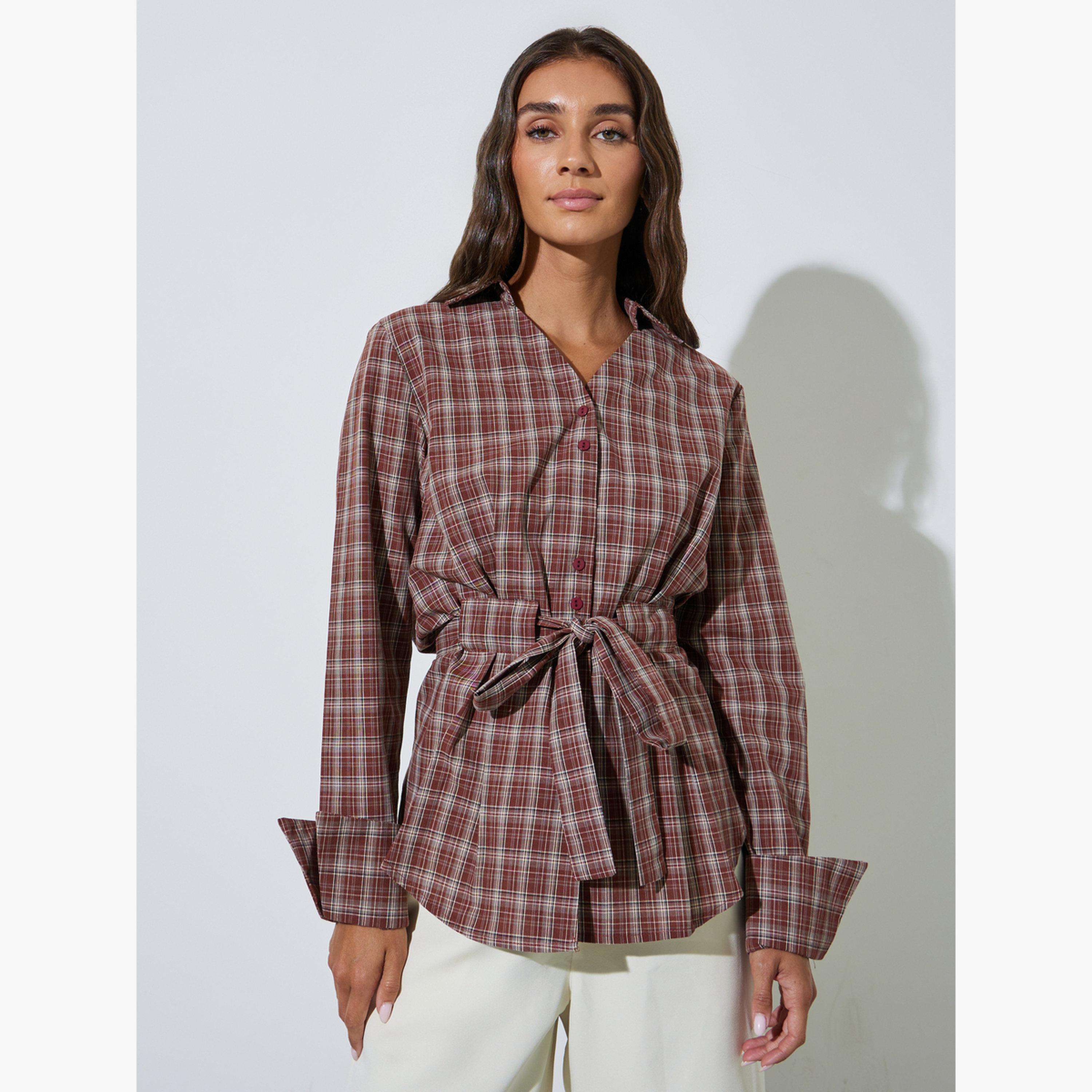 بلوزة صدئي أكمام طويلة بنمط كاروهات برباط على الخصر-women-clothing-shirtsandblouses-shirts-image-1