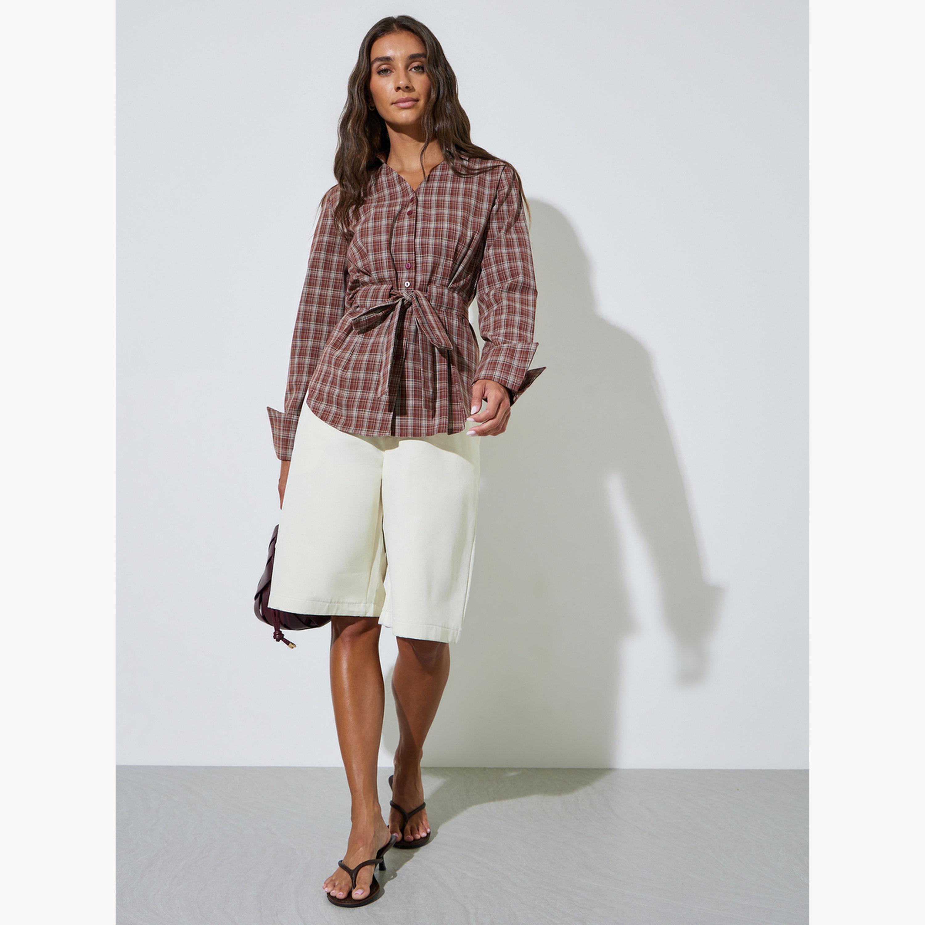 بلوزة صدئي أكمام طويلة بنمط كاروهات برباط على الخصر-women-clothing-shirtsandblouses-shirts-image-2