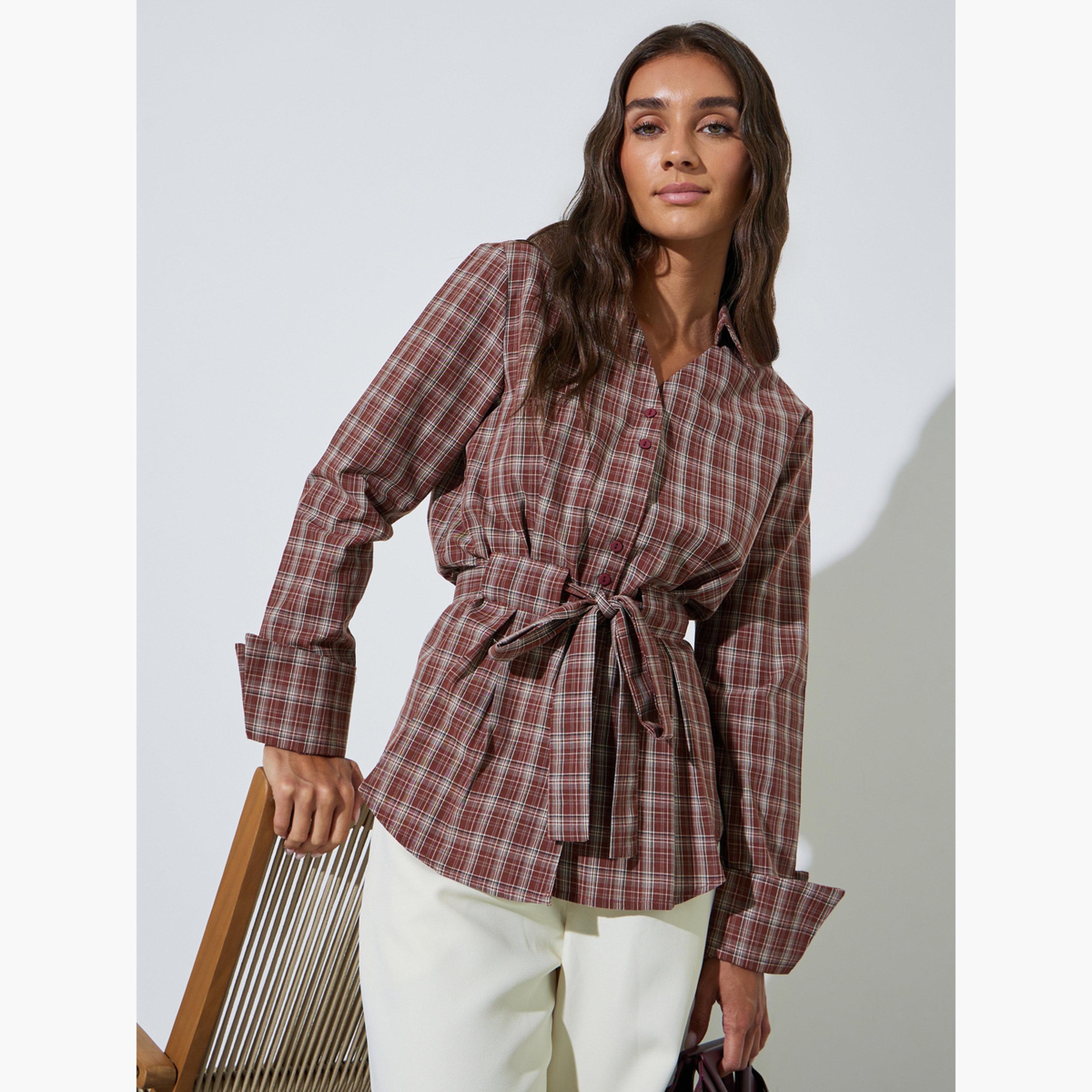 بلوزة صدئي أكمام طويلة بنمط كاروهات برباط على الخصر-women-clothing-shirtsandblouses-shirts-image-3