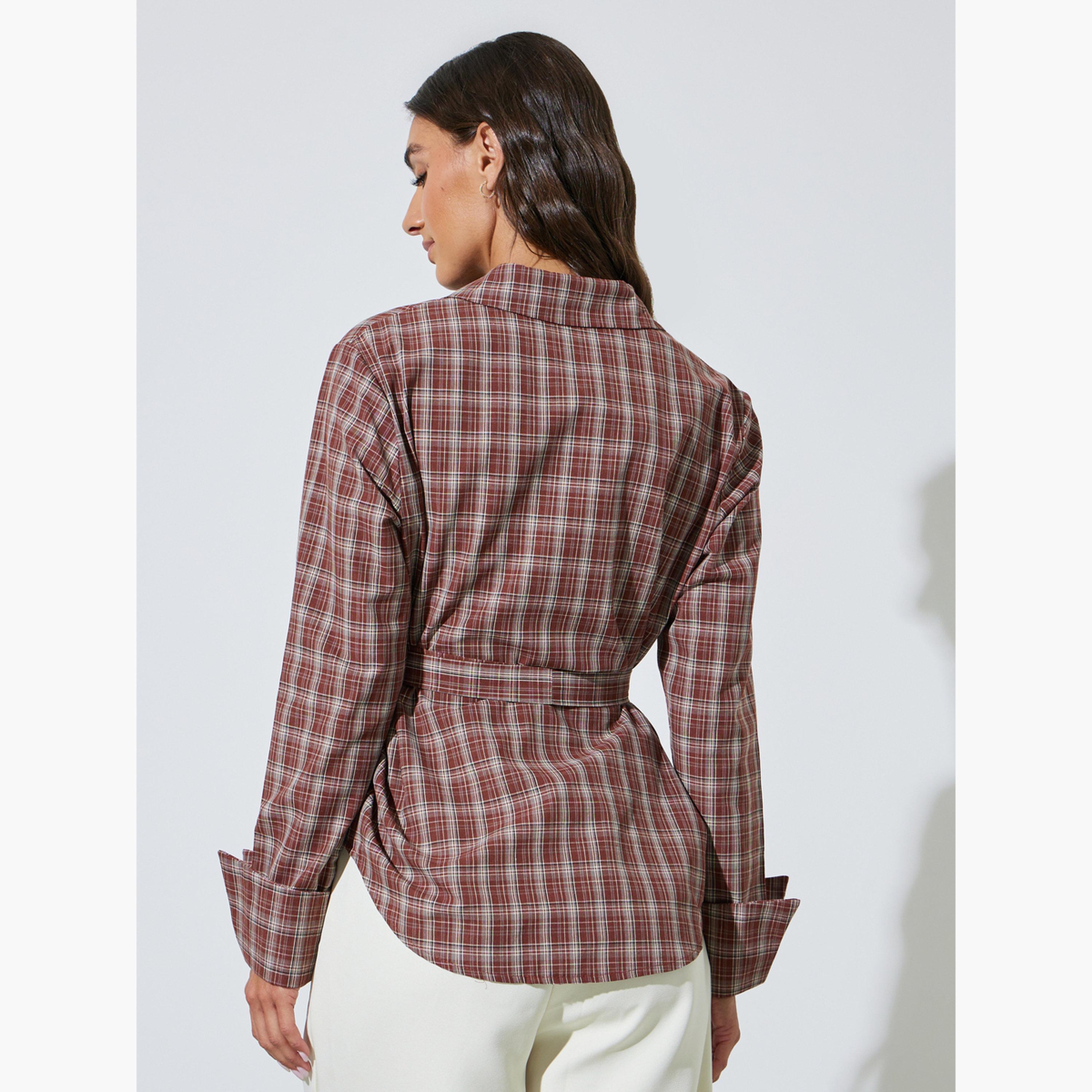 بلوزة صدئي أكمام طويلة بنمط كاروهات برباط على الخصر-women-clothing-shirtsandblouses-shirts-image-4