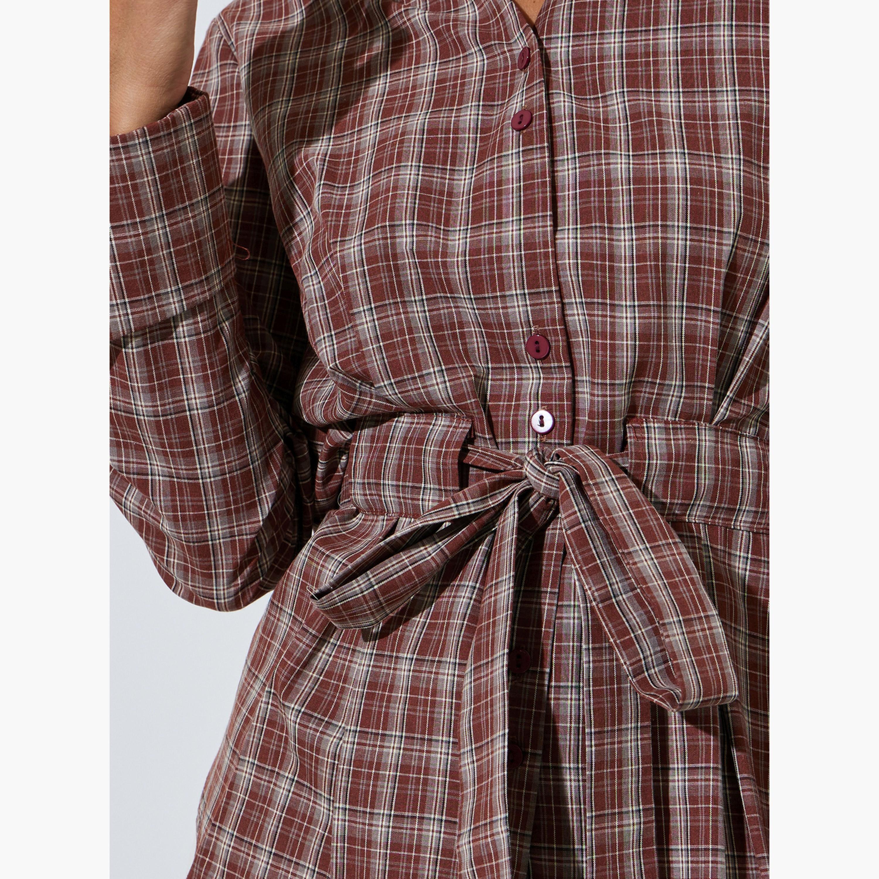 بلوزة صدئي أكمام طويلة بنمط كاروهات برباط على الخصر-women-clothing-shirtsandblouses-shirts-image-5