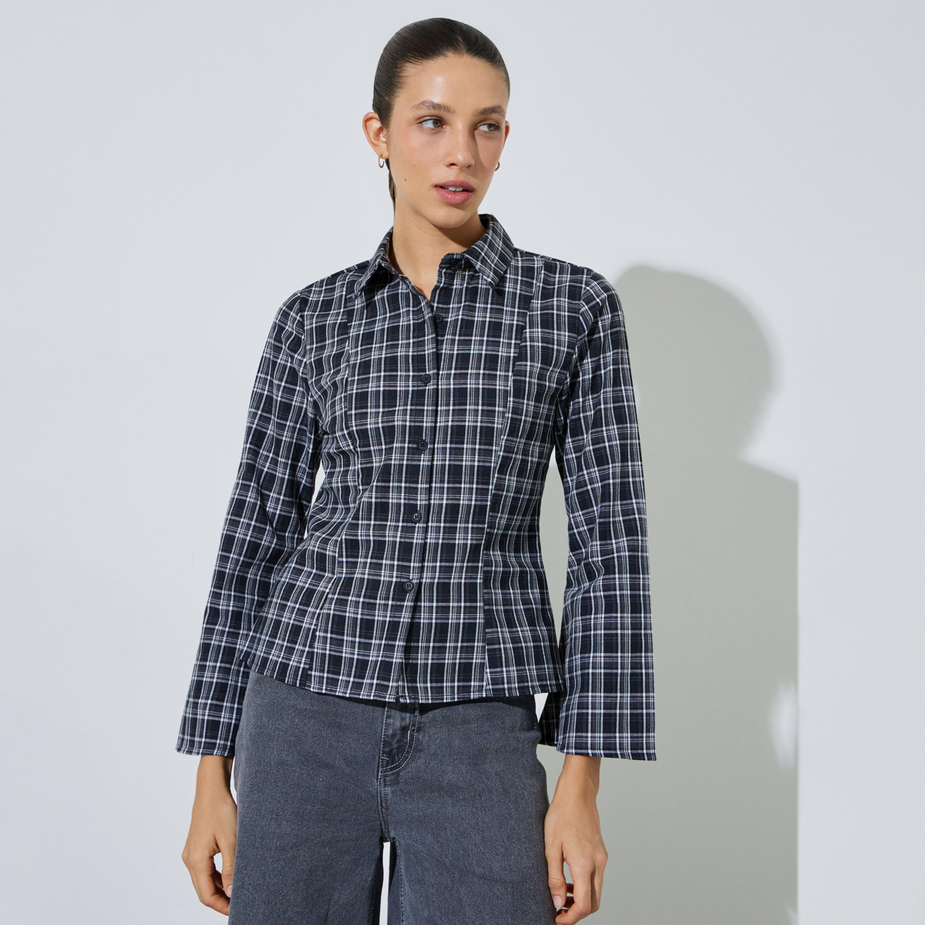 بلوزة أسود أكمام طويلة بحافة واسعة بنمط كاروهات-women-clothing-shirtsandblouses-shirts-image-1