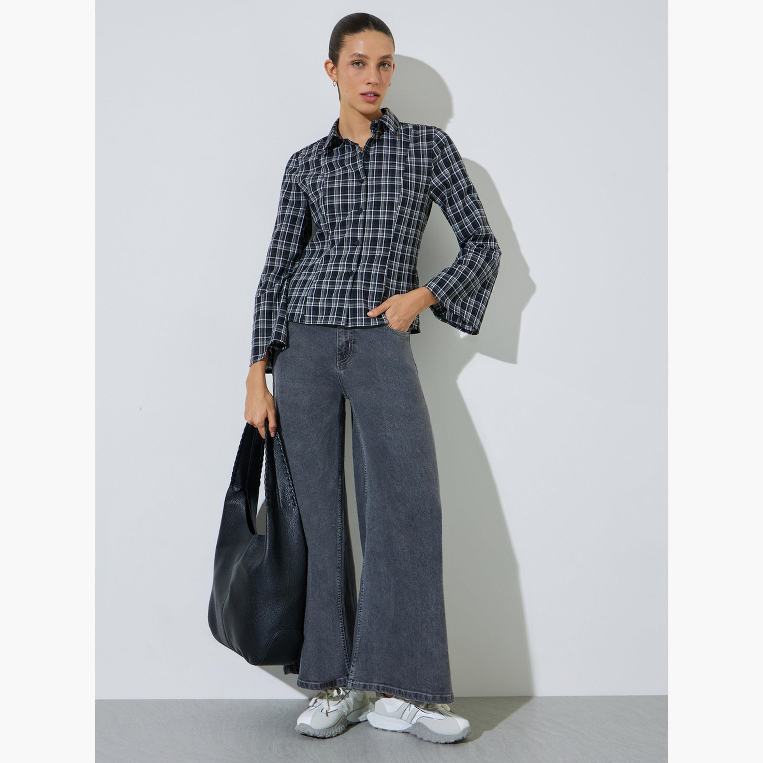 بلوزة أسود أكمام طويلة بحافة واسعة بنمط كاروهات-women-clothing-shirtsandblouses-shirts-image-2
