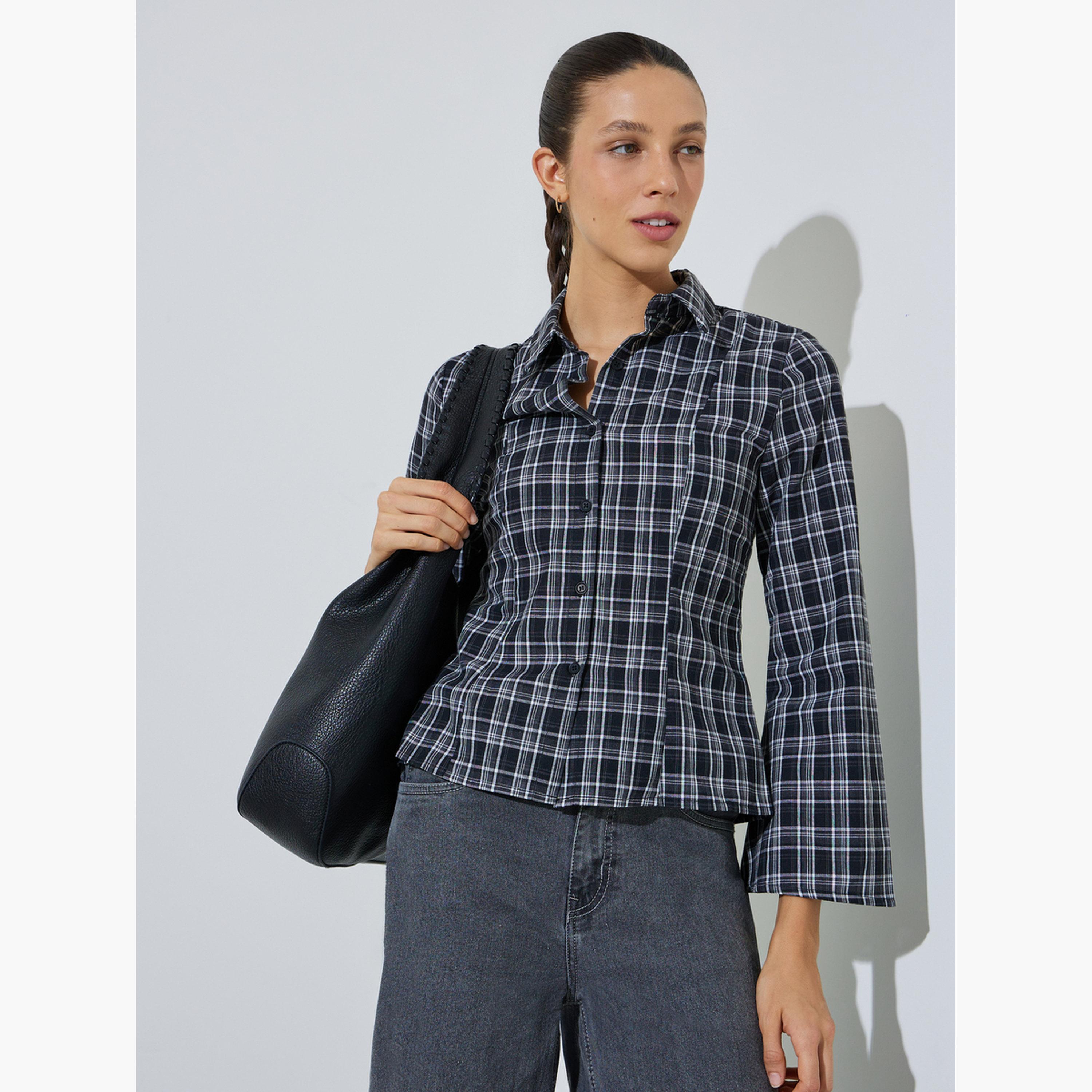 بلوزة أسود أكمام طويلة بحافة واسعة بنمط كاروهات-women-clothing-shirtsandblouses-shirts-image-3