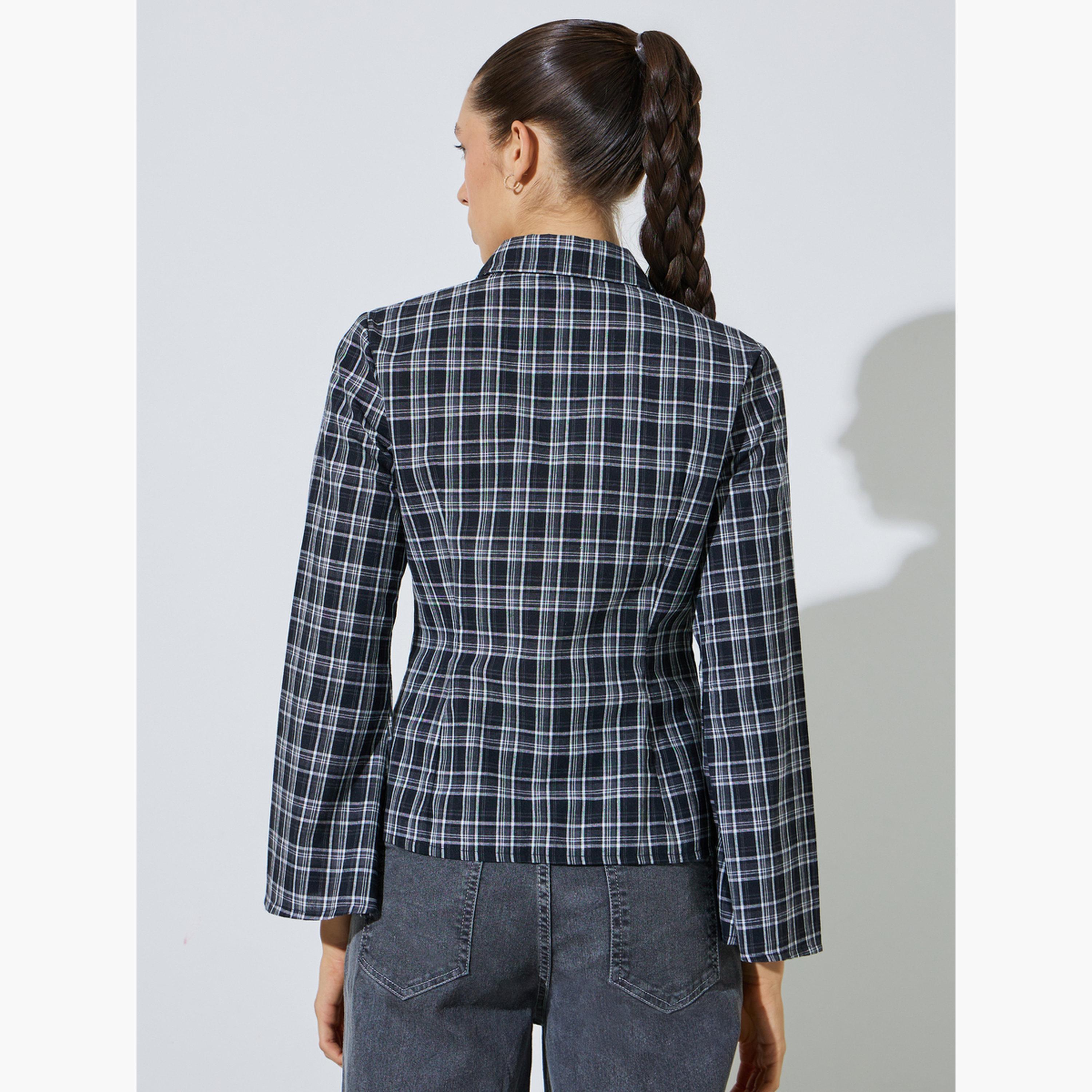 بلوزة أسود أكمام طويلة بحافة واسعة بنمط كاروهات-women-clothing-shirtsandblouses-shirts-image-4