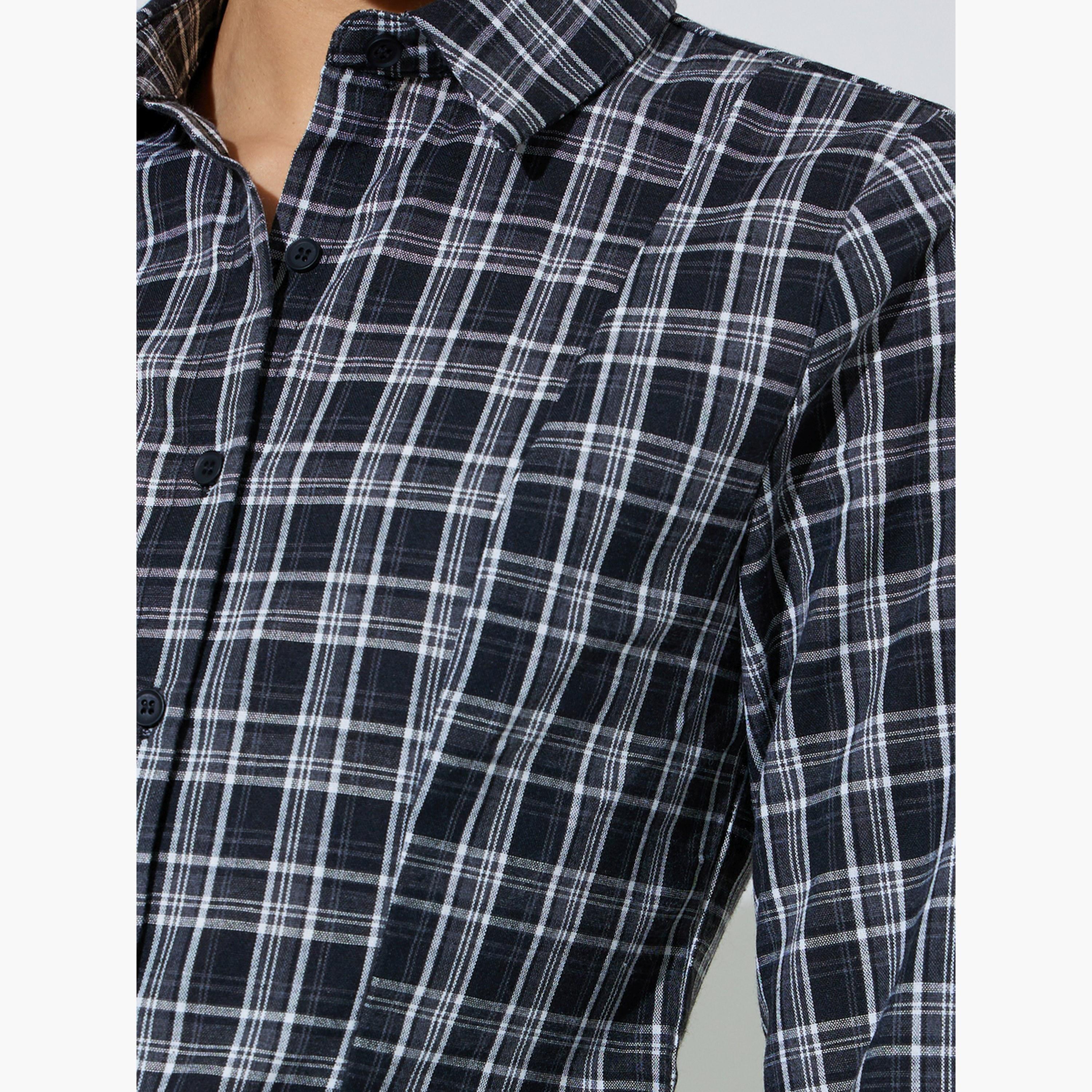 بلوزة أسود أكمام طويلة بحافة واسعة بنمط كاروهات-women-clothing-shirtsandblouses-shirts-image-5