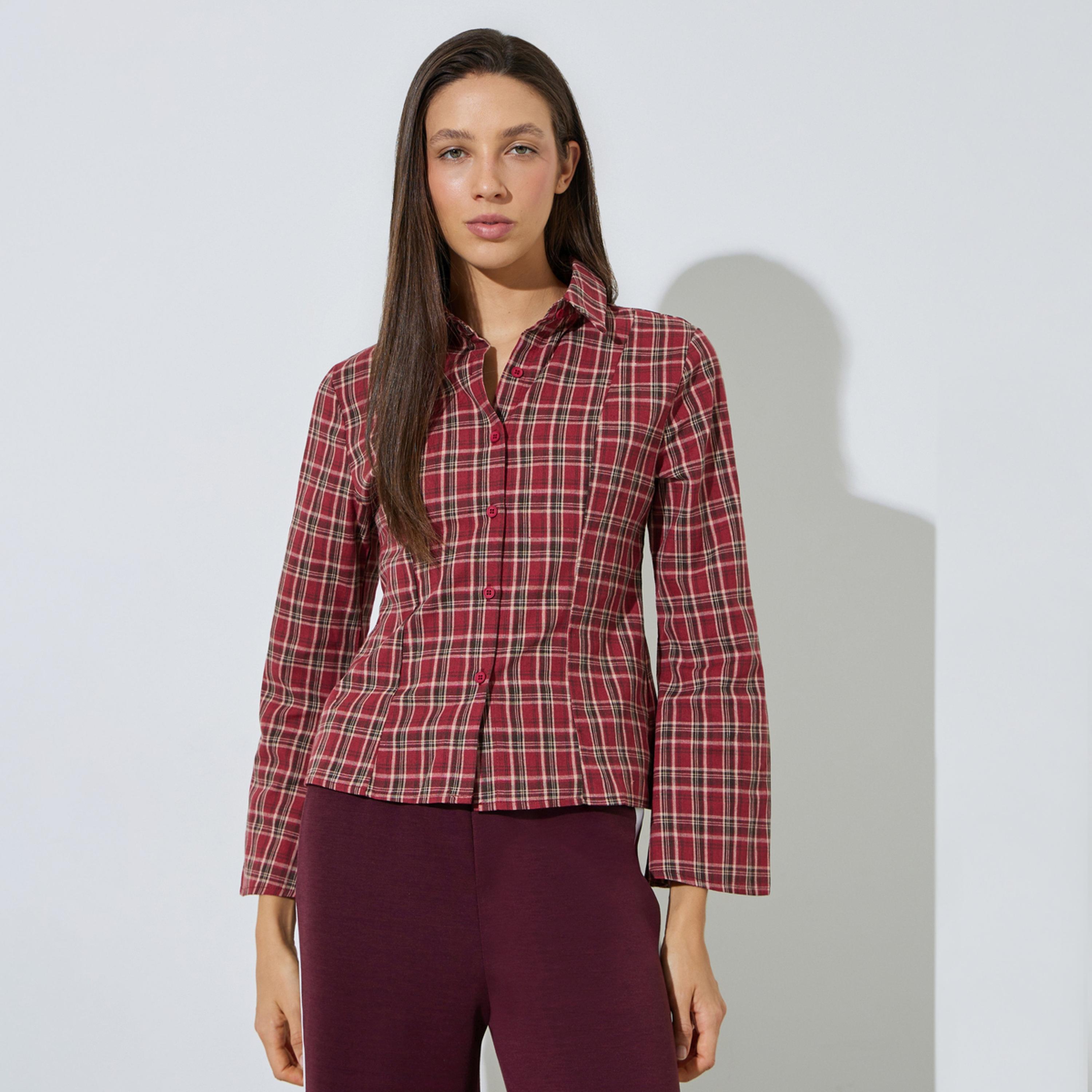 قميص بأكمام طويلة واسعة ونمط كاروهات لون أحمر-women-clothing-shirtsandblouses-shirts-image-1