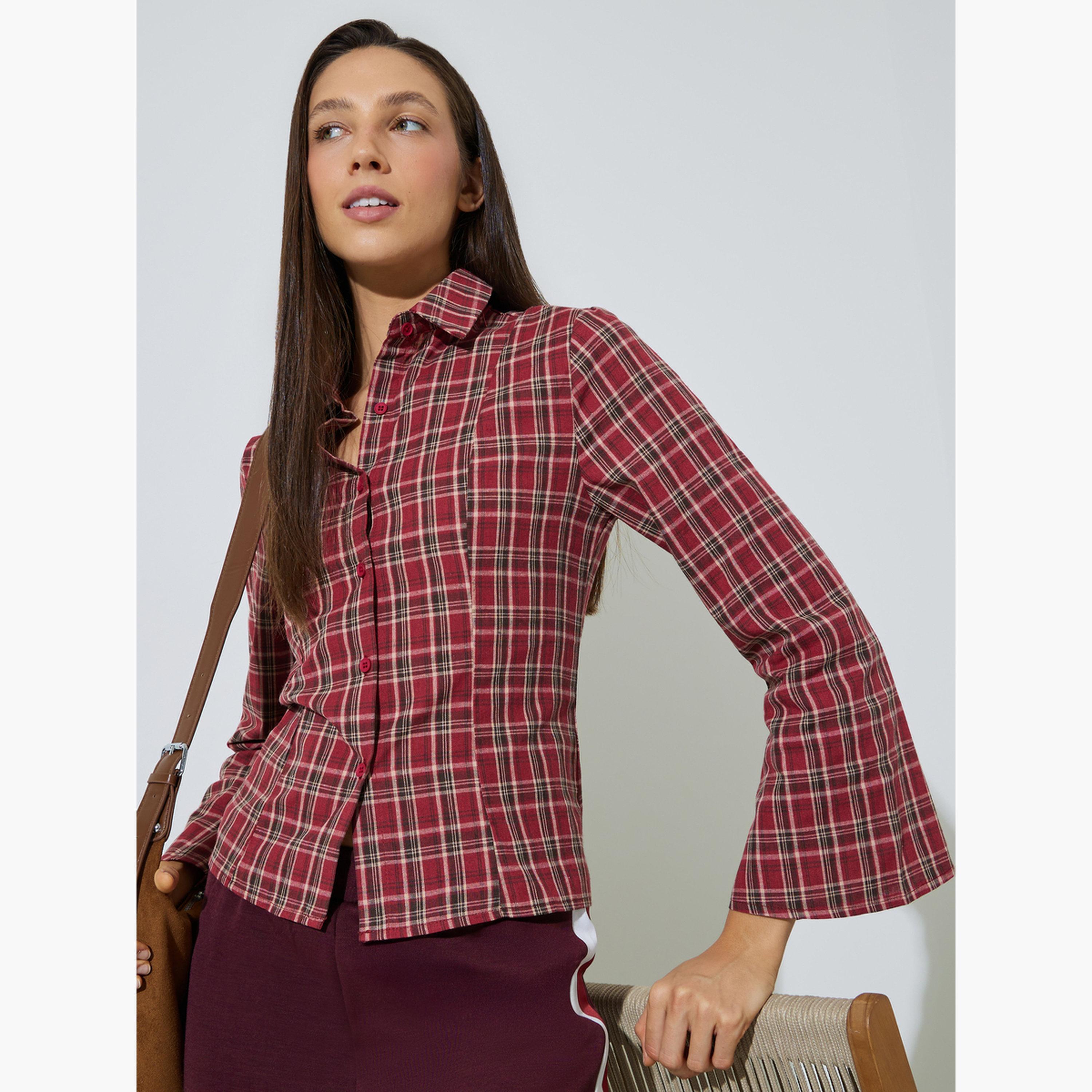 قميص بأكمام طويلة واسعة ونمط كاروهات لون أحمر-women-clothing-shirtsandblouses-shirts-image-3