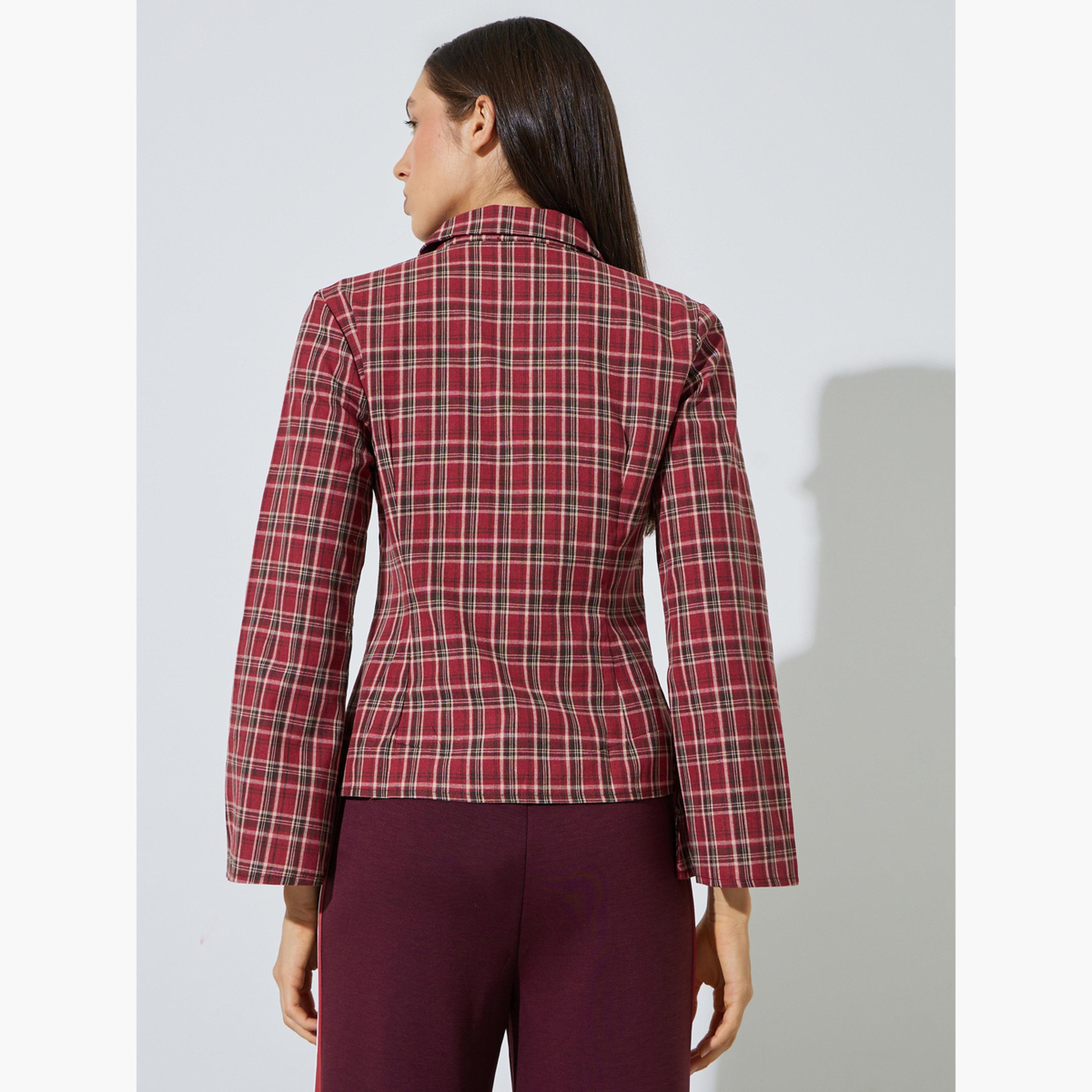 قميص بأكمام طويلة واسعة ونمط كاروهات لون أحمر-women-clothing-shirtsandblouses-shirts-image-4