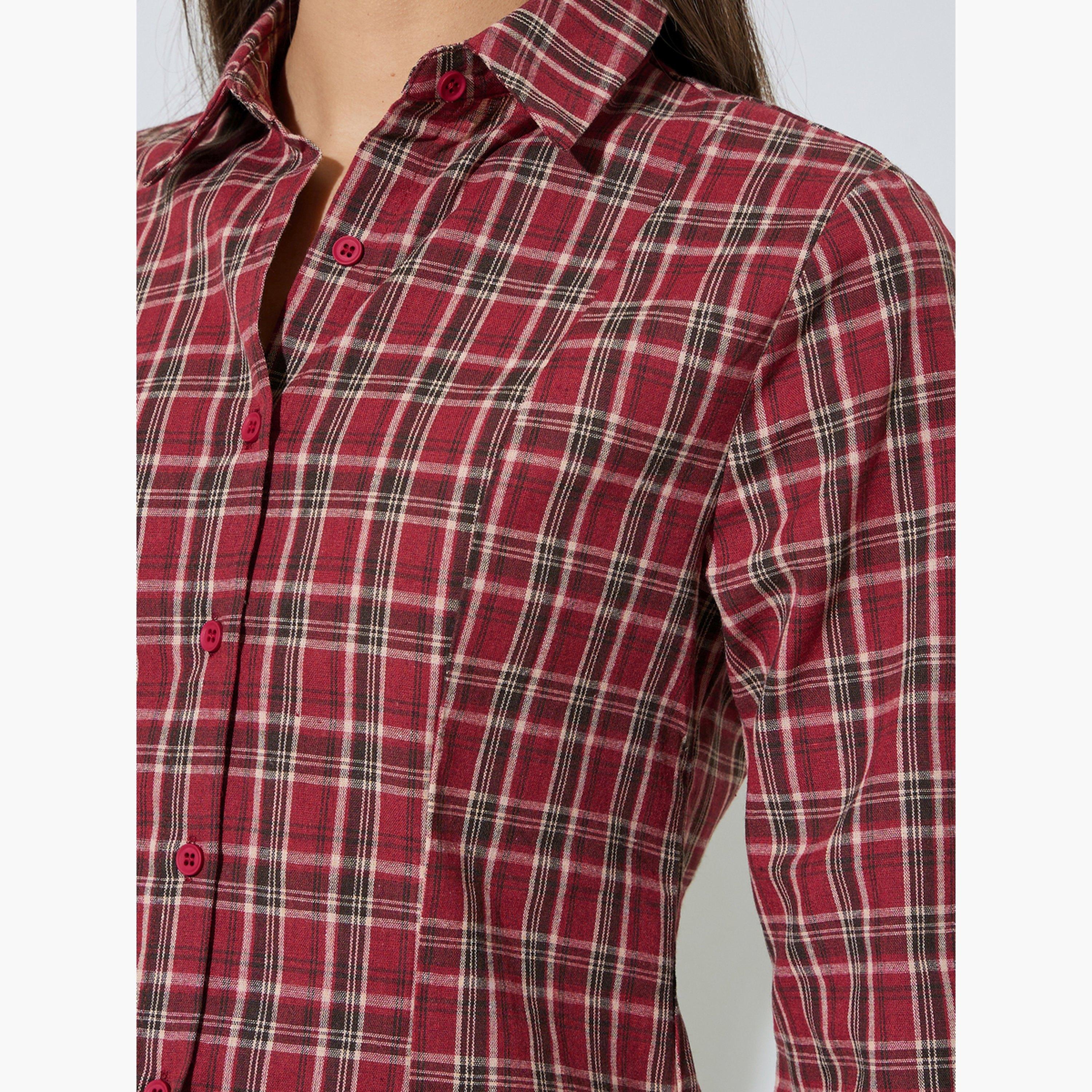 قميص بأكمام طويلة واسعة ونمط كاروهات لون أحمر-women-clothing-shirtsandblouses-shirts-image-5