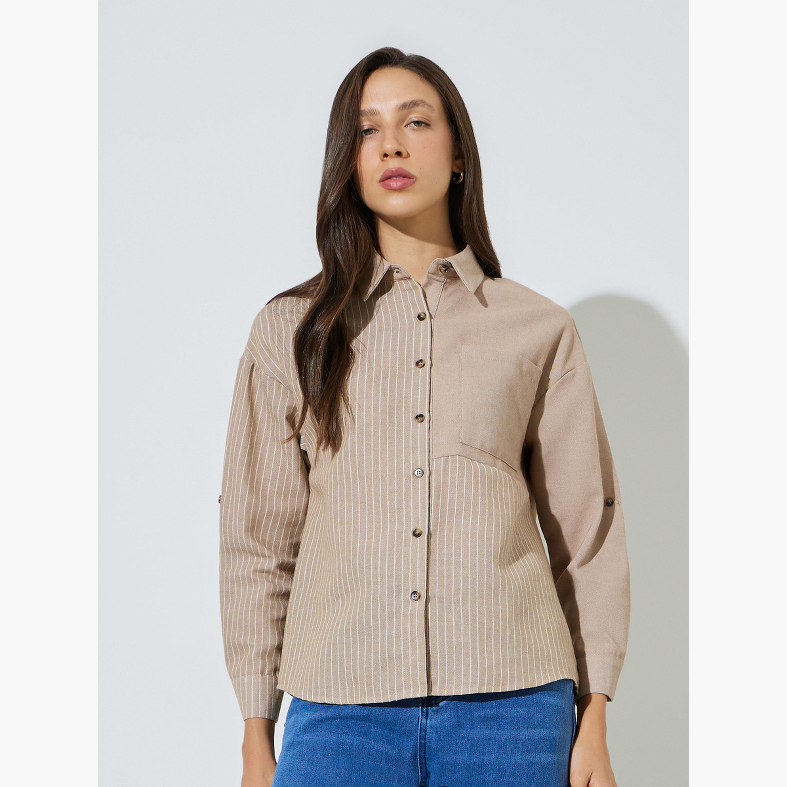 بلوزة قصة طويلة بنمط مخطط وتفاصيل جيب وأزرار-women-clothing-shirtsandblouses-shirts-image-1