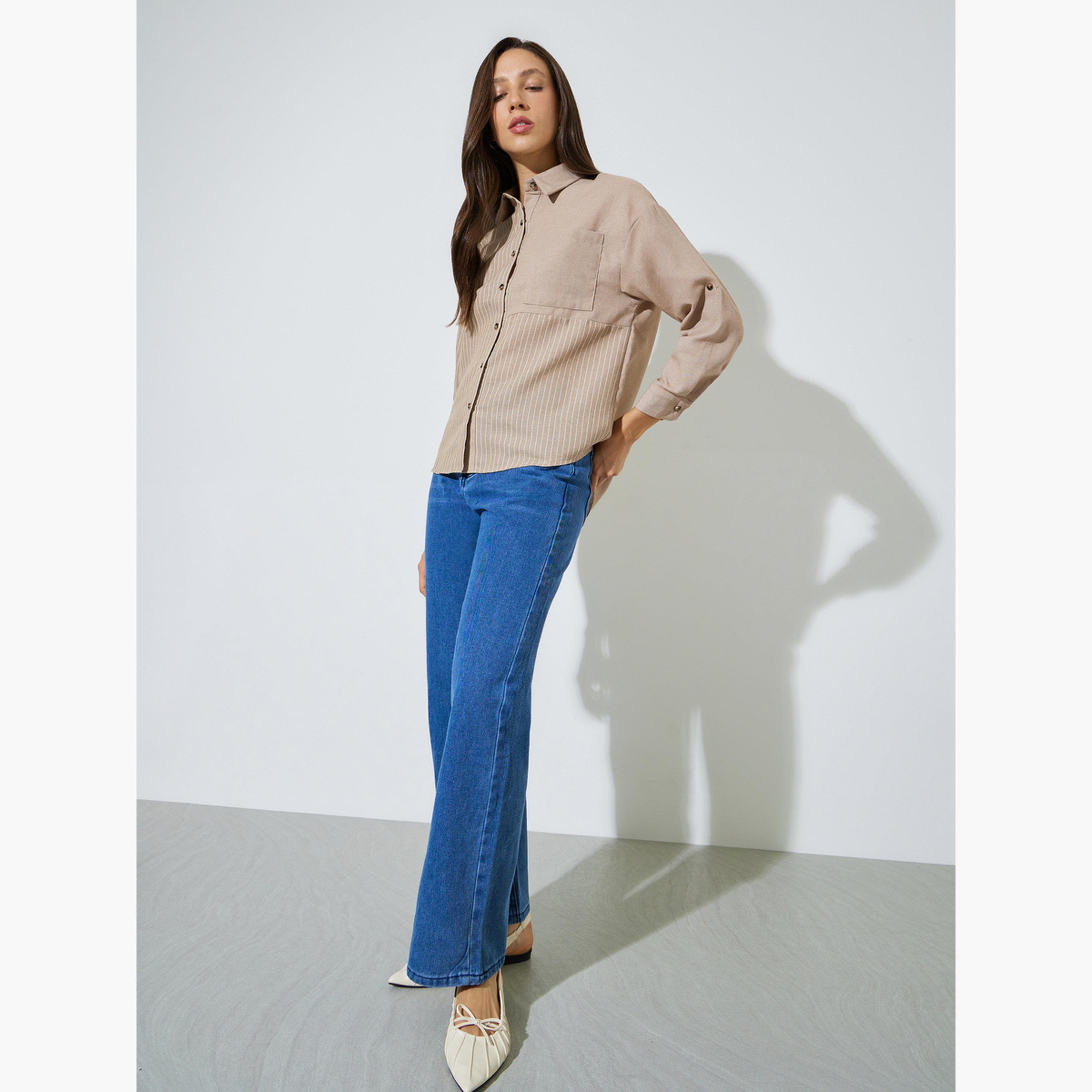 بلوزة قصة طويلة بنمط مخطط وتفاصيل جيب وأزرار-women-clothing-shirtsandblouses-shirts-image-2