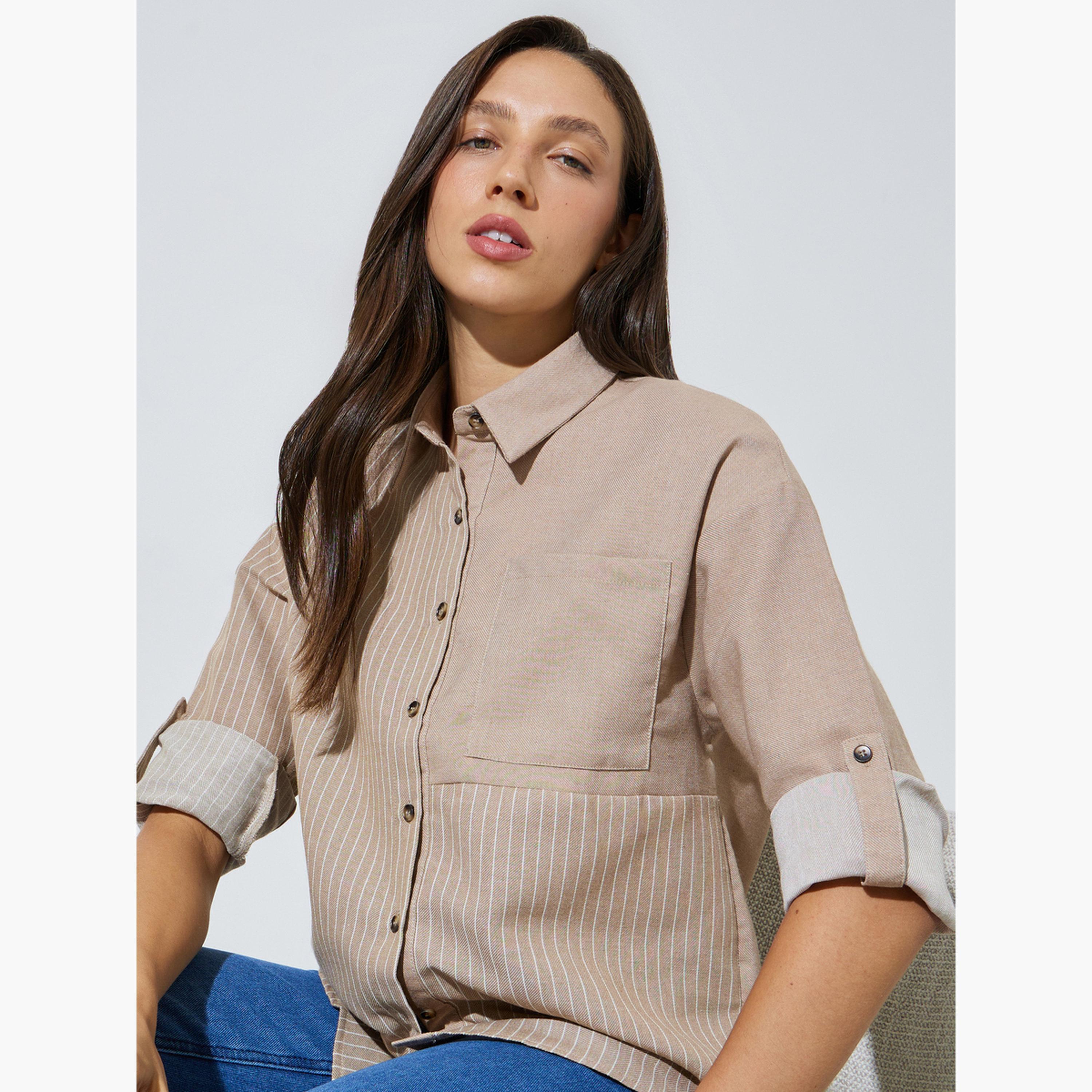 بلوزة قصة طويلة بنمط مخطط وتفاصيل جيب وأزرار-women-clothing-shirtsandblouses-shirts-image-3