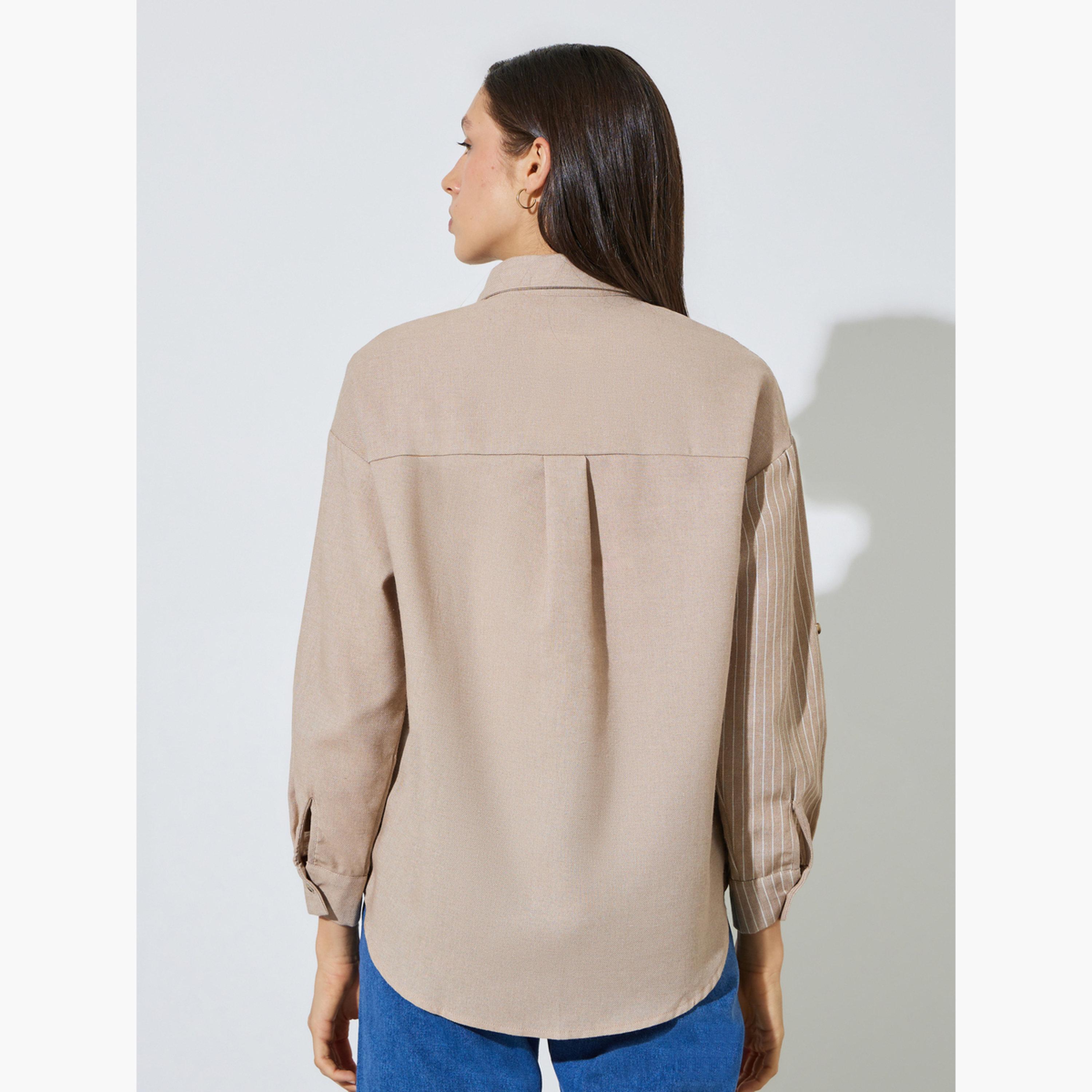 بلوزة قصة طويلة بنمط مخطط وتفاصيل جيب وأزرار-women-clothing-shirtsandblouses-shirts-image-4