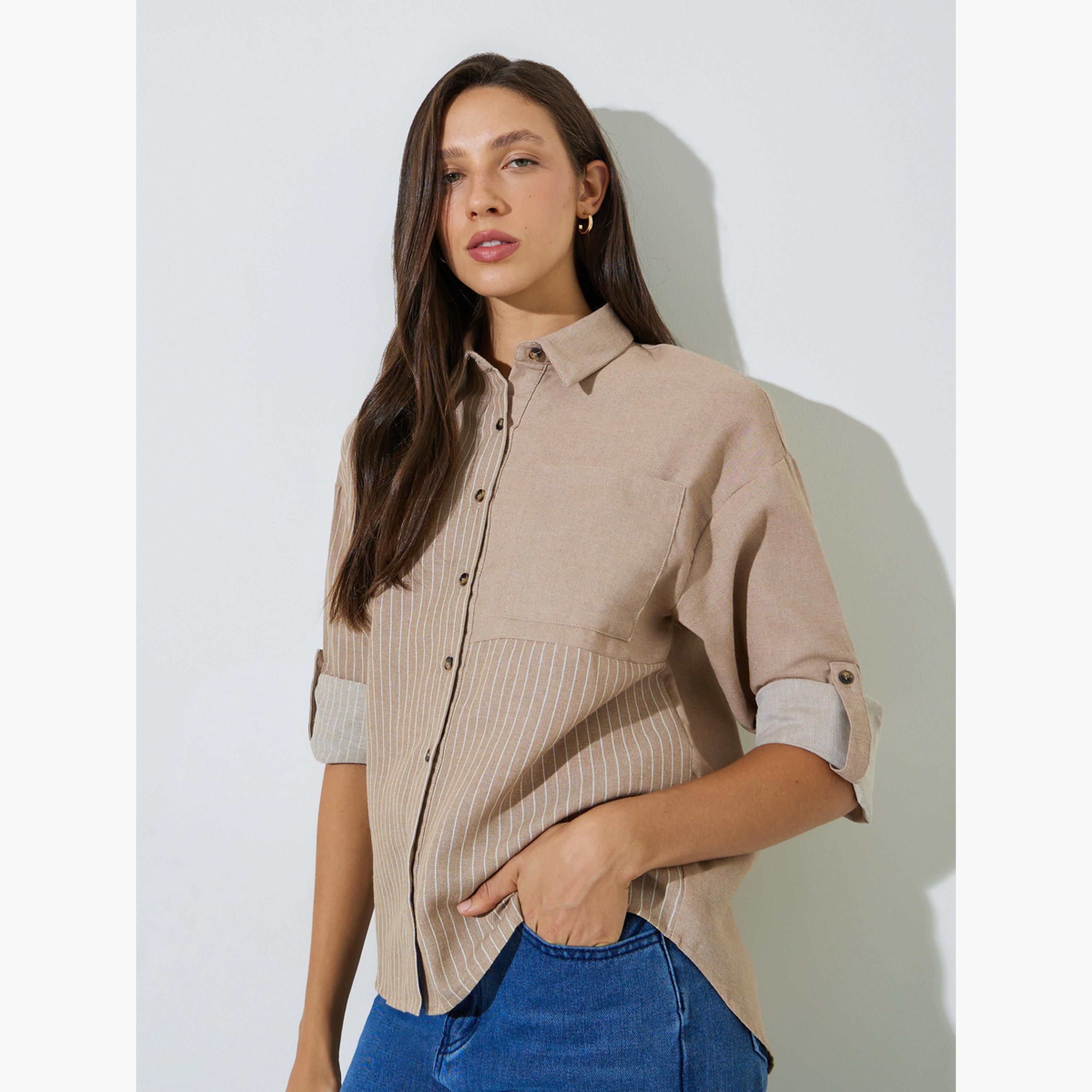 بلوزة قصة طويلة بنمط مخطط وتفاصيل جيب وأزرار-women-clothing-shirtsandblouses-shirts-image-5